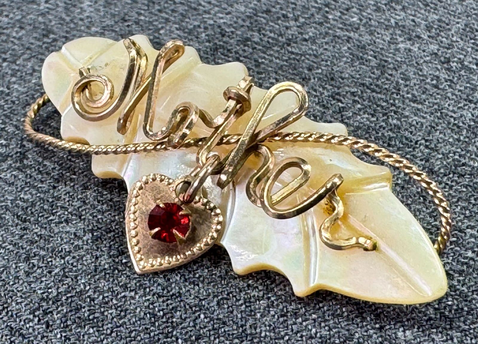 Antique jeweled heart dangle topped Mother in gold-filled wire Mop leaf brooch pin (1 of 5)