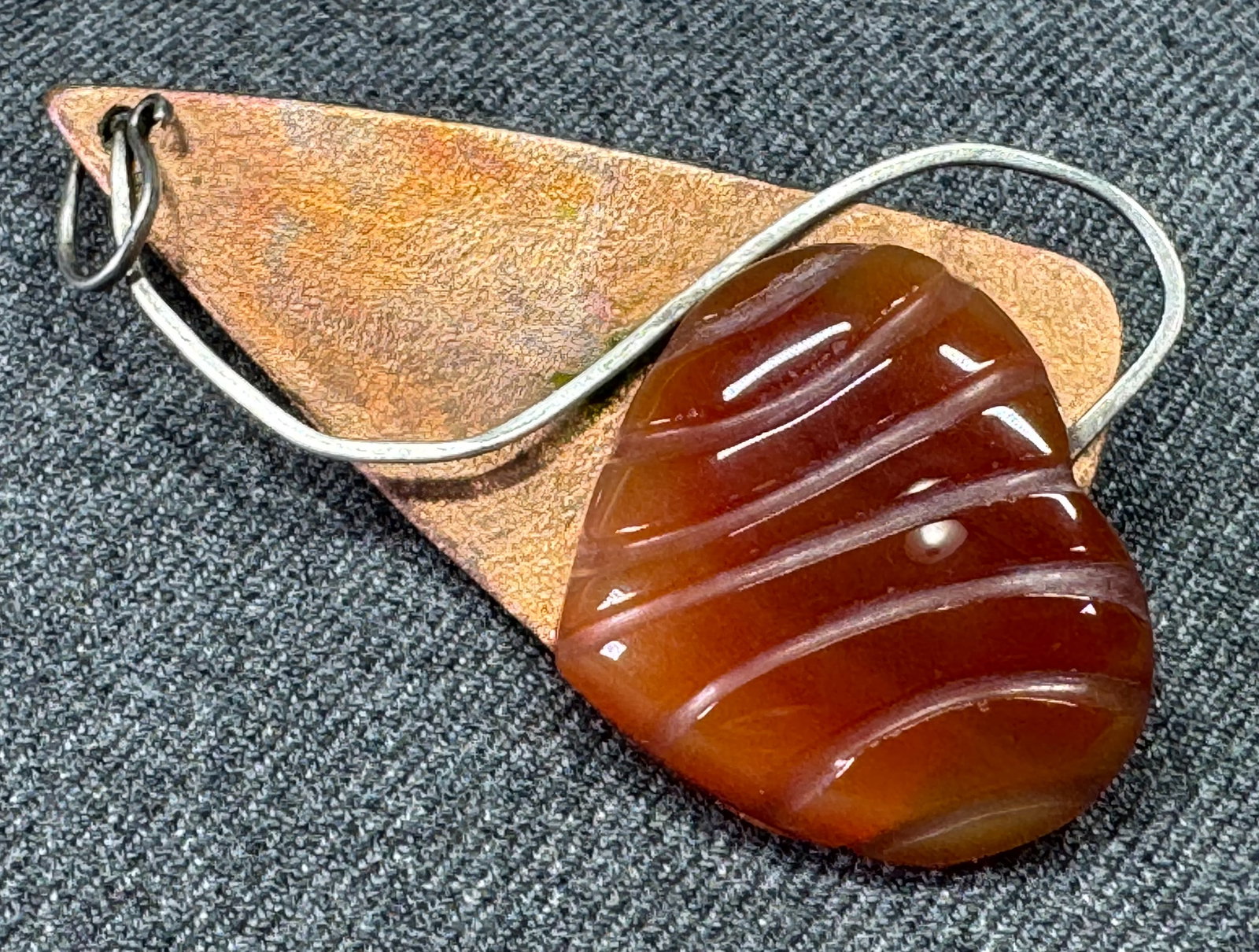 Vintage artsy hand crafted agate heart copper & silver metal brooch pin (1 of 7)