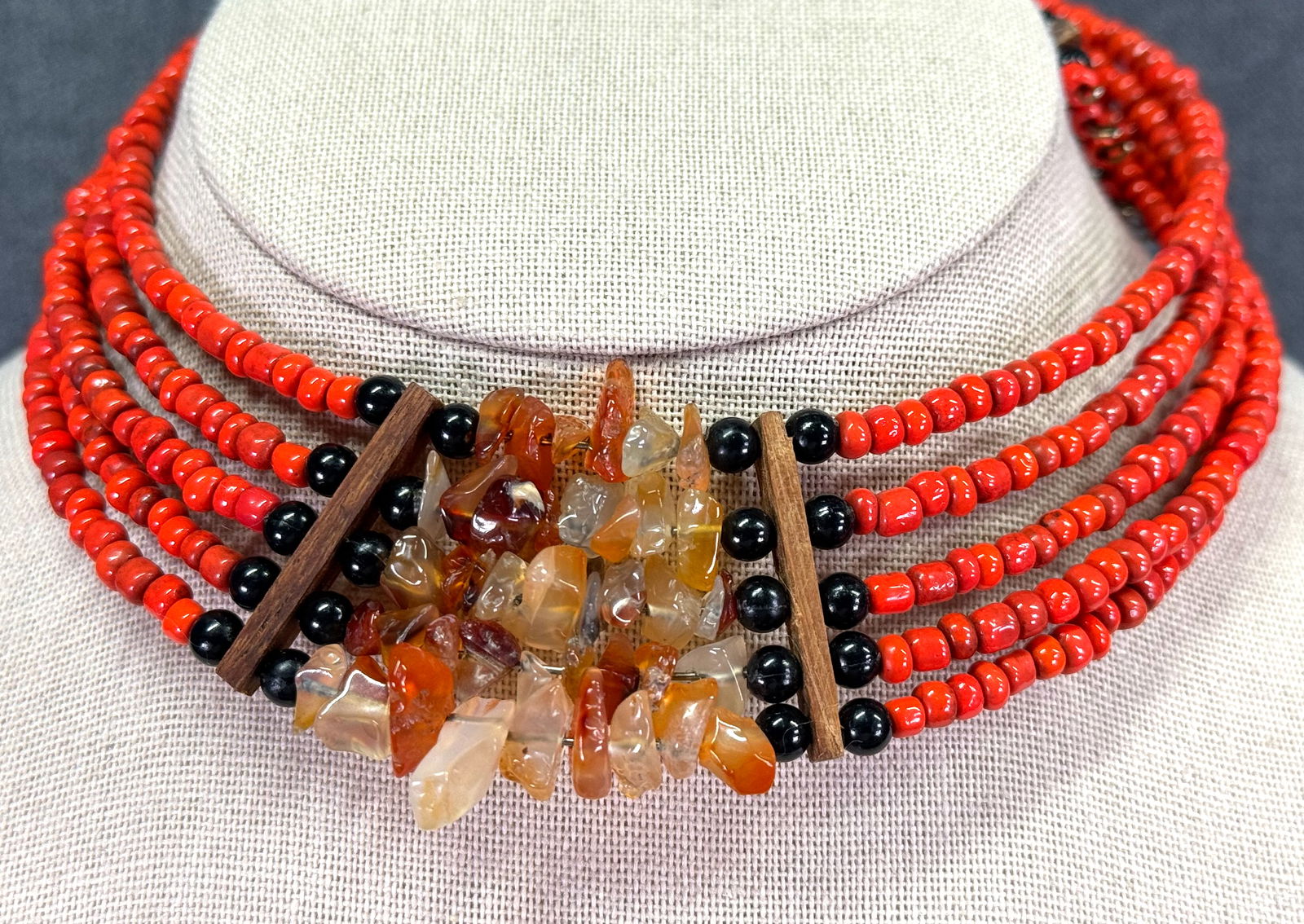 Vintage artisan crafted glass, agate chips & wooden wired  beads wrap collar necklace (1 of 6)