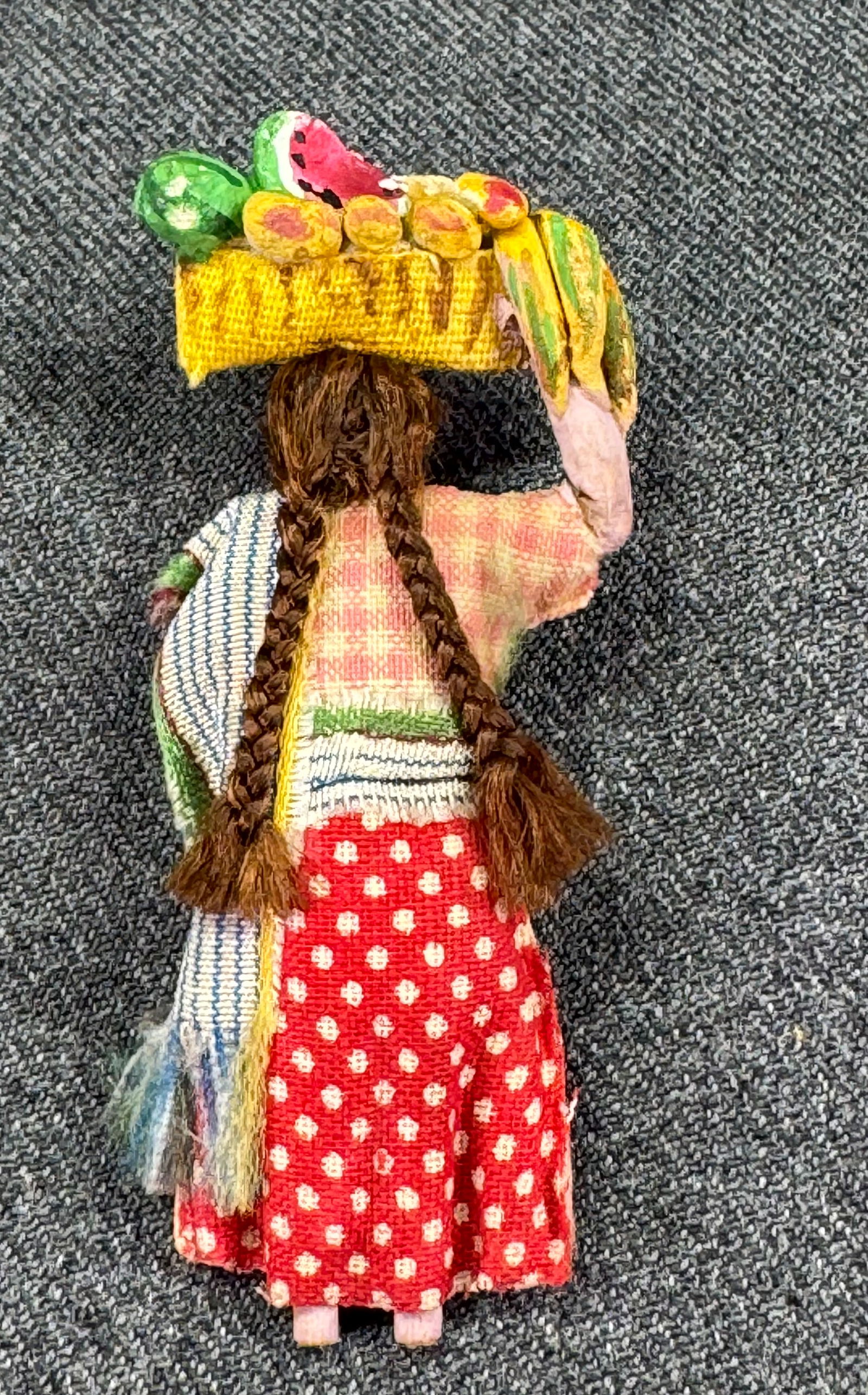 Vintage Mexican folk art hair braids fabric fruits on the head woman brooch pin: Vintage Mexican folk art hair braids fabric fruits on the head woman brooch pin. Marked. For measures please refer to the pictures taken with a measuring tape. Weight: 3 Grams IN HOUSE Estimated* SHIP