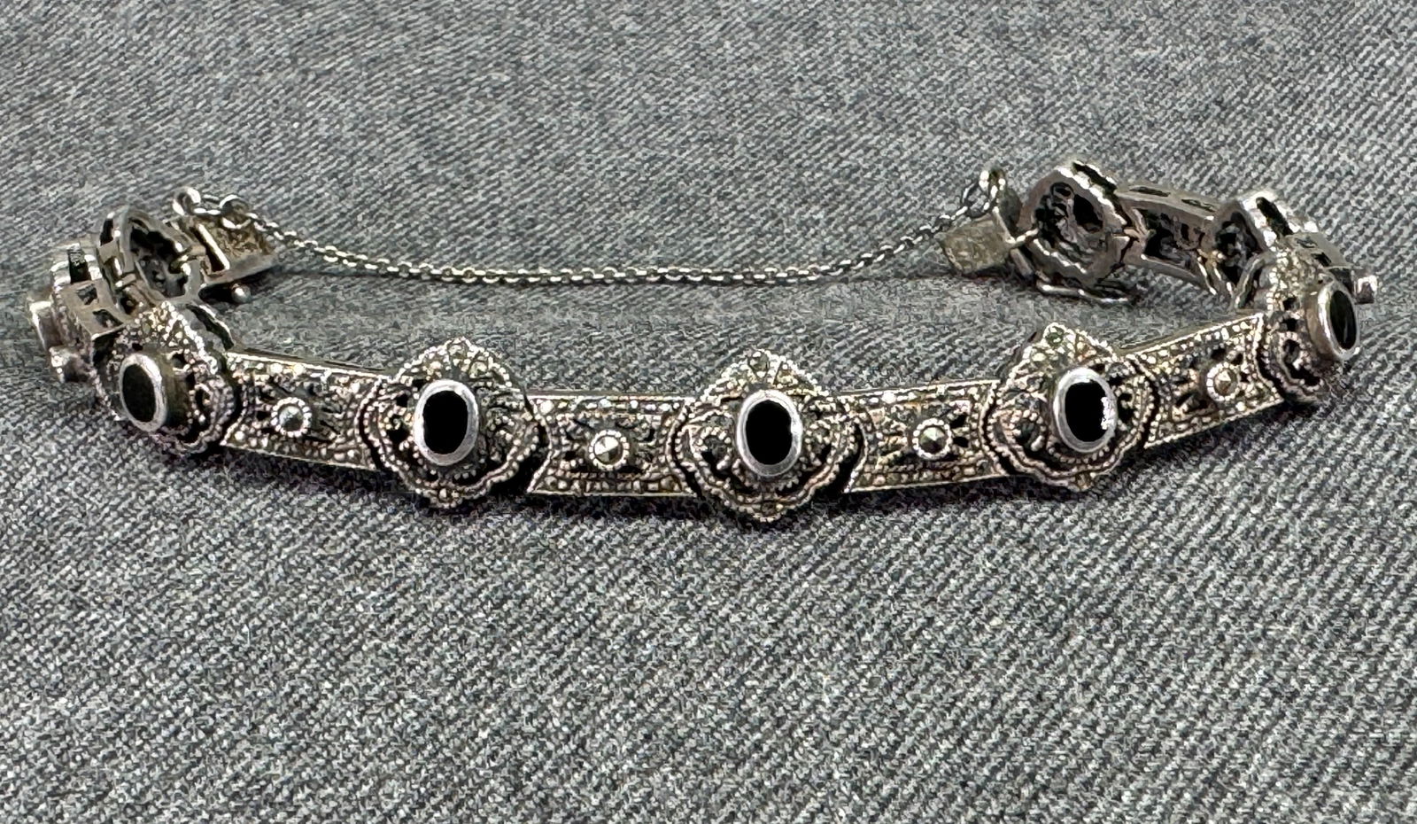Vintage art deco style black enamel, marcasites sterling silver bracelet. (1 of 10)