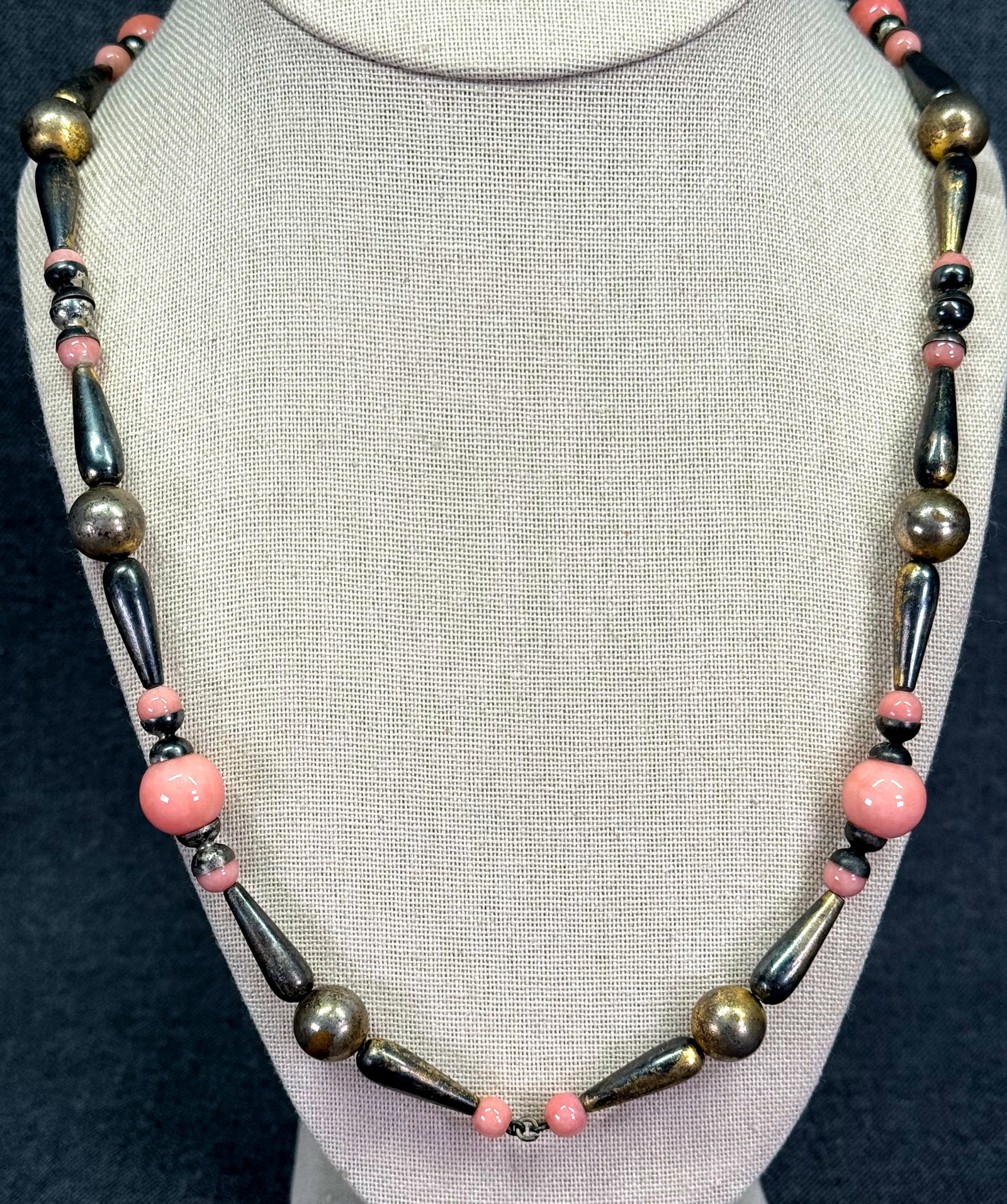 Antique art deco Jakob Bengel style rose Peking glass and metal beads necklace. (1 of 9)