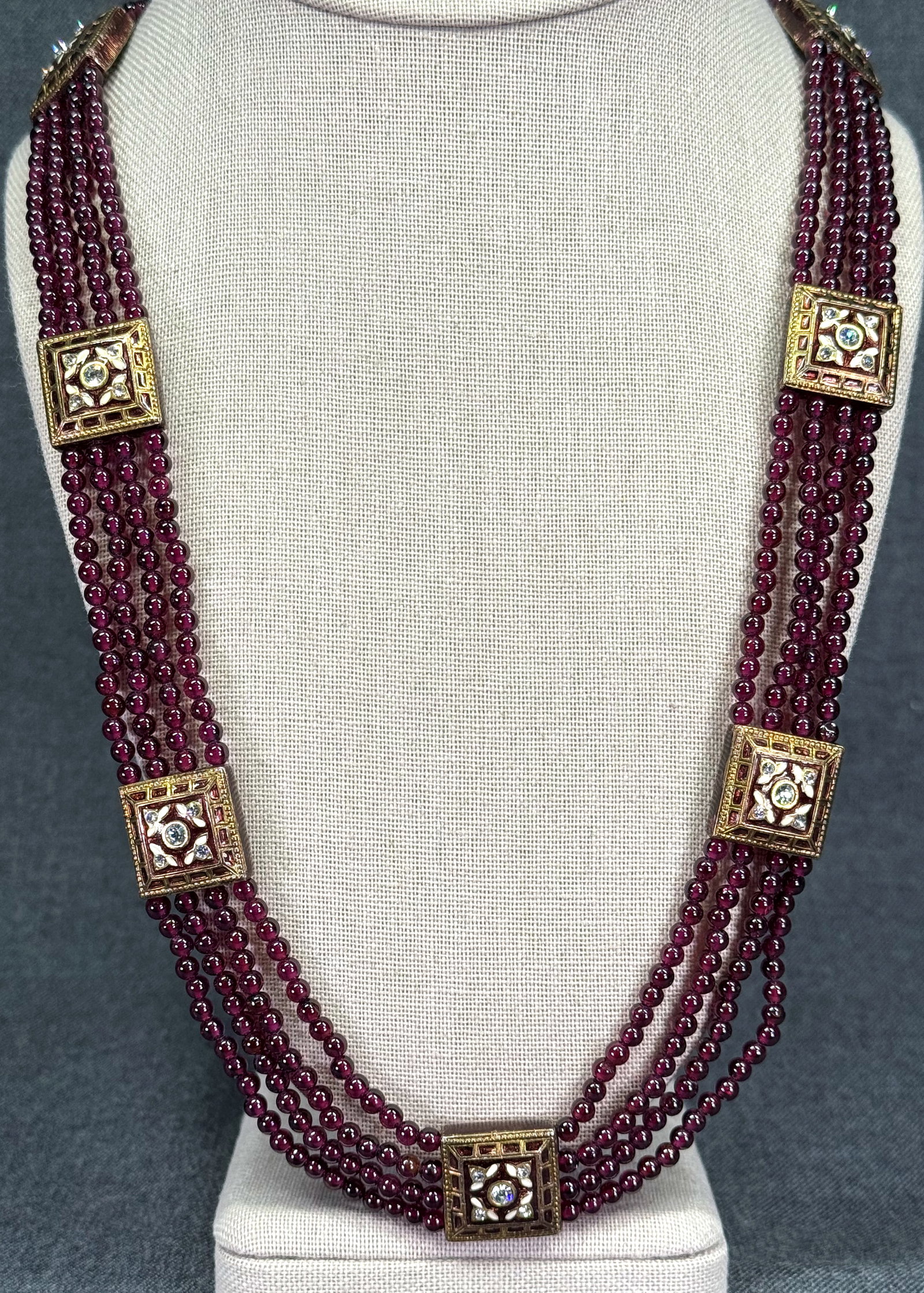Vintage Indian Hyderabadi style crystals enamel goldtone & multi strands garnet beads necklace (1 of 14)