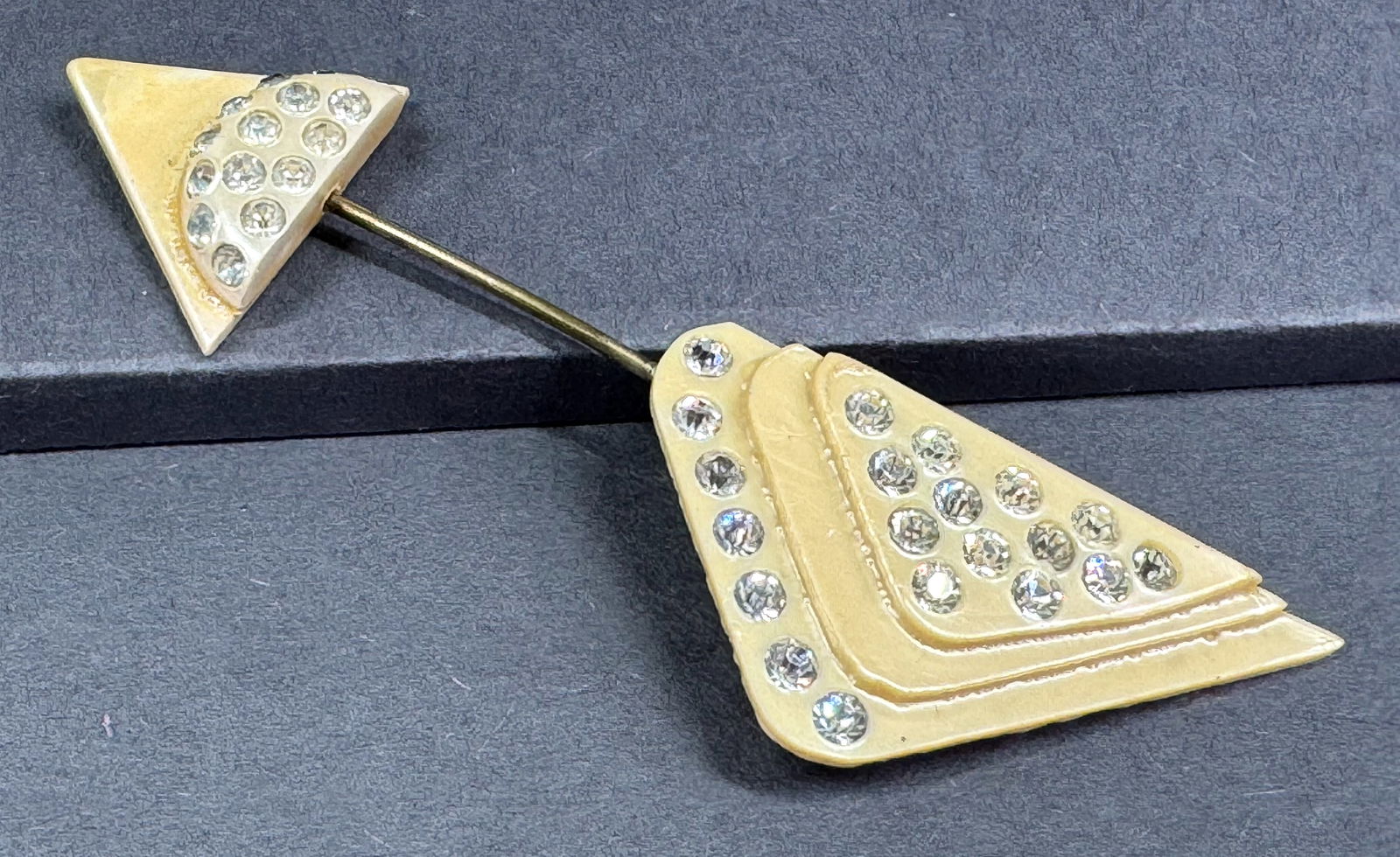 Vintage encrusted clear rhinestones pearly creamy celluloid jabot pin. (1 of 7)