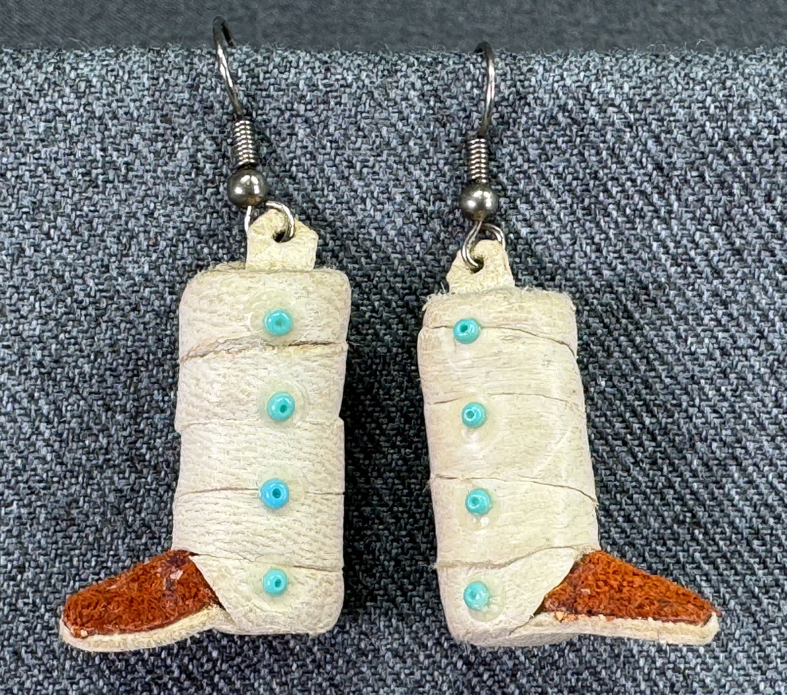 Vintage Native American Wrapped Suede Leather Boot Hook Earrings. Turquoise glass beads (1 of 4)