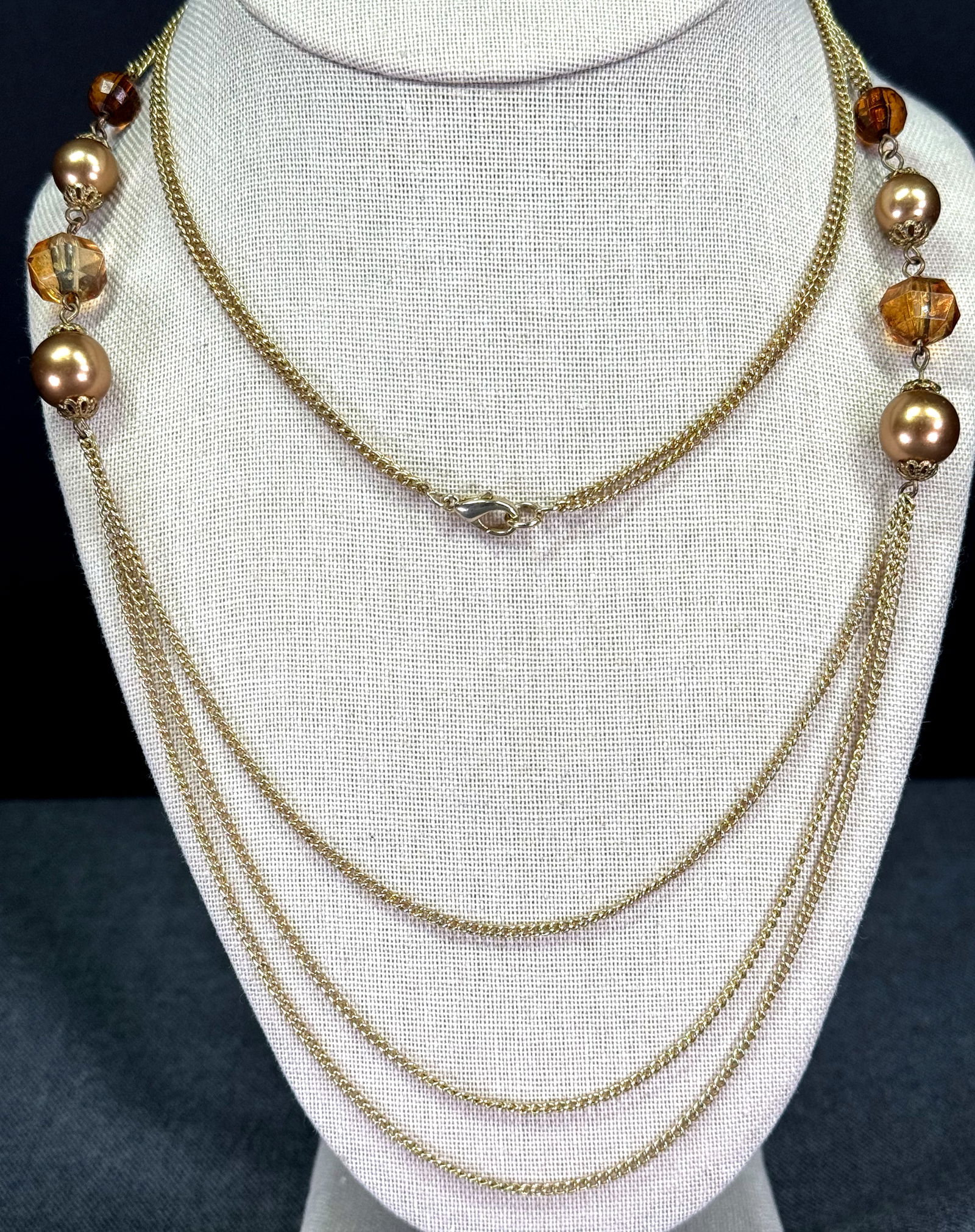 Vintage flapper style faceted amber color plastic & goldtone beads chains necklace (1 of 5)