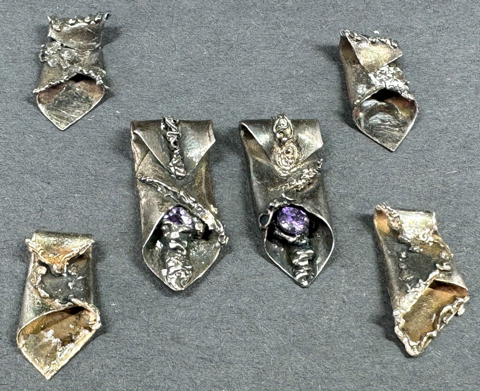 Vintage brutalist artisan crafted faceted amethyst & 2 assorted  silvertone pairs for earrings make (1 of 7)