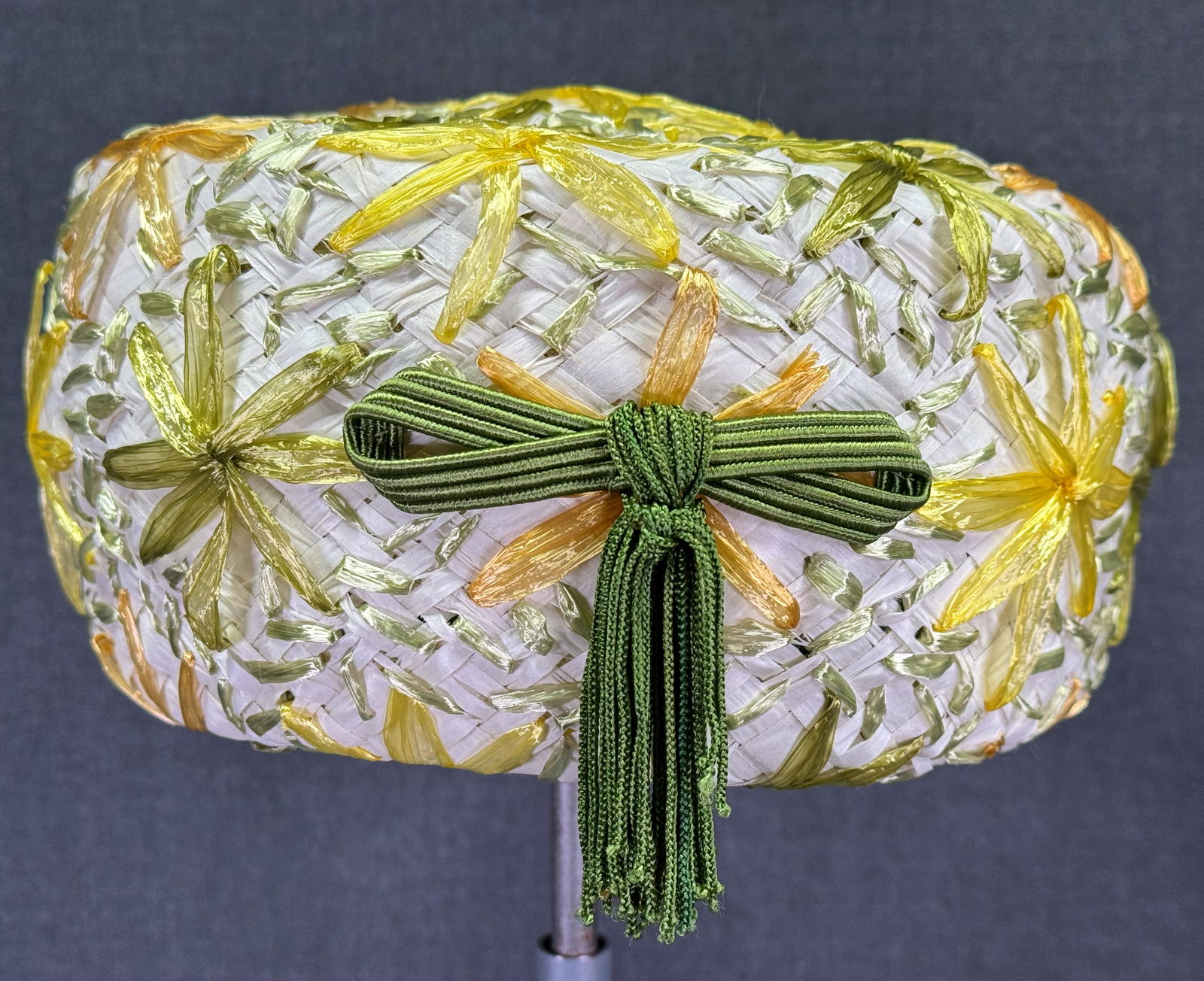 Vintage Adele Claire NY embriodery flowers raffia hat with passementerie tassel (1 of 9)