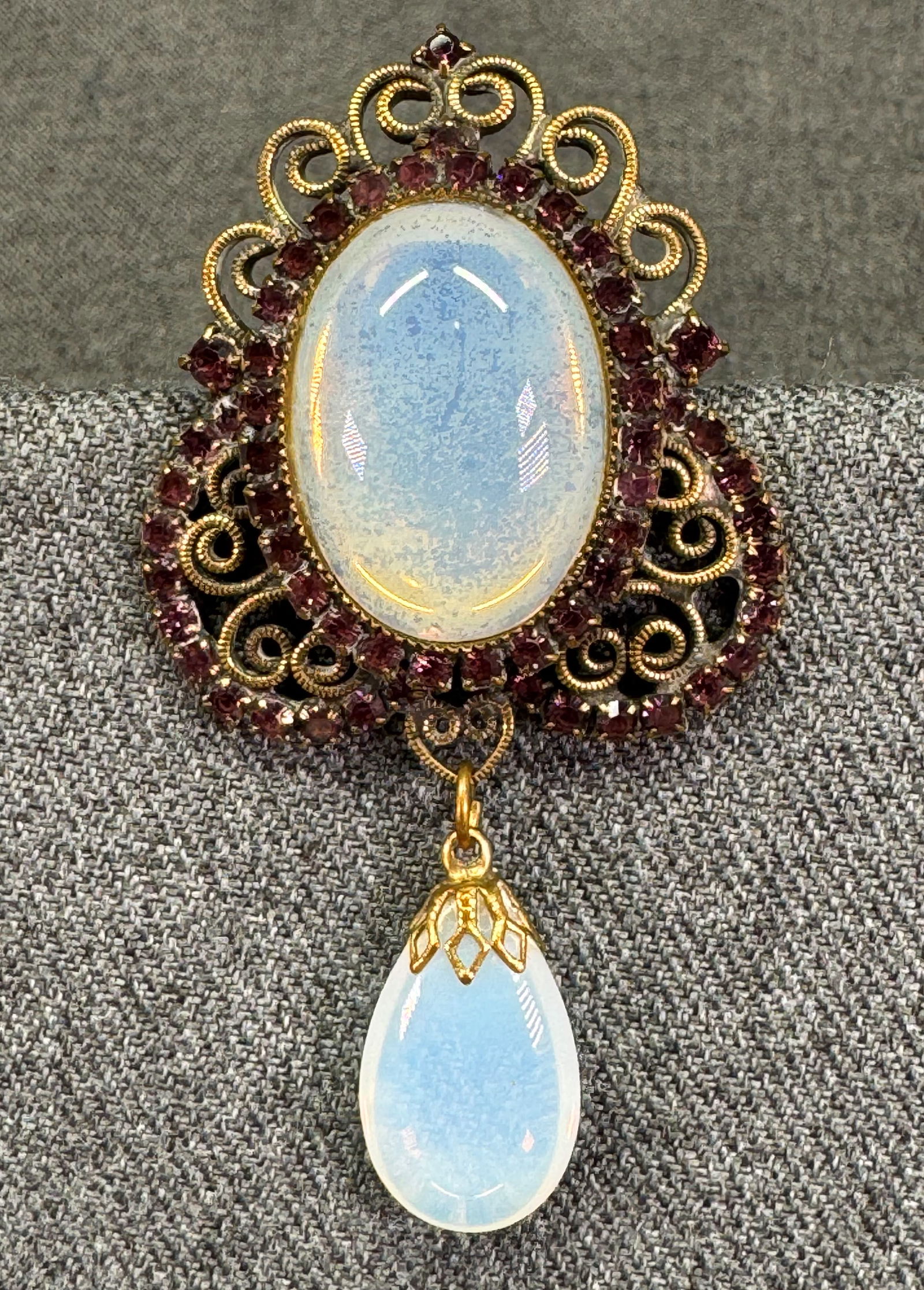 Vintage Hobe style devant de corsage brooch pin. Opal color glass cabs & purple crystals (1 of 5)