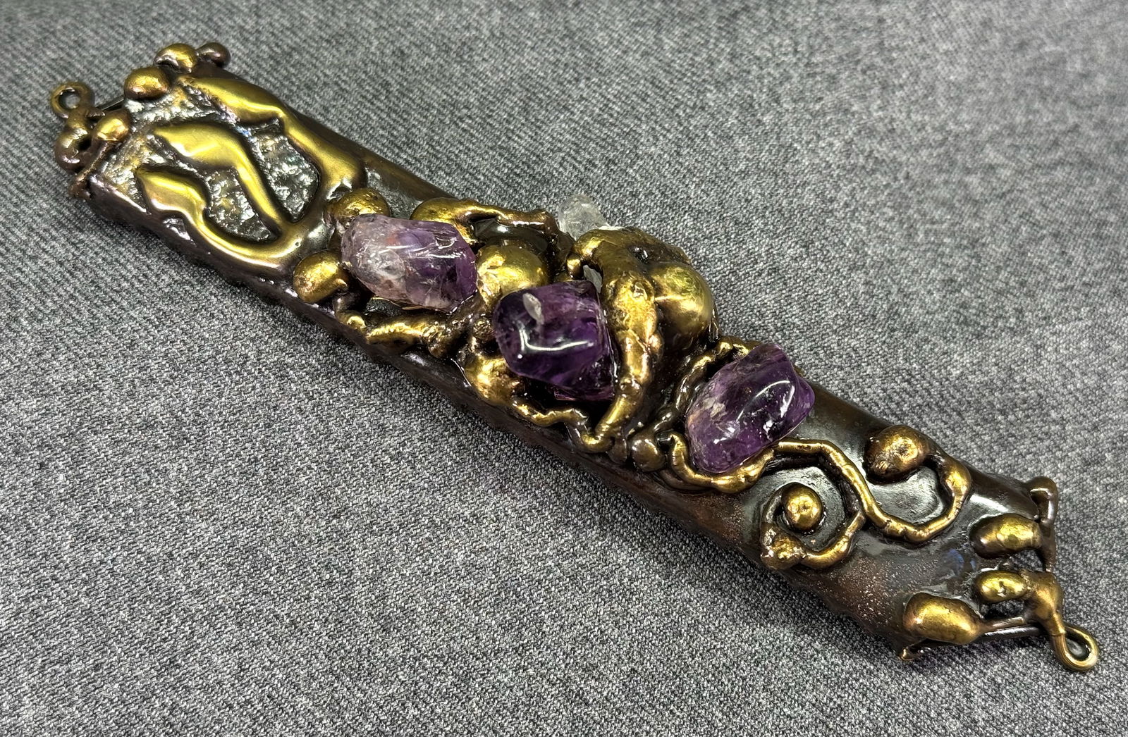 Vintage brutalist artist Hannah Carvalho Brazil mezuzah. Amethyst stone gold plated brass (1 of 9)