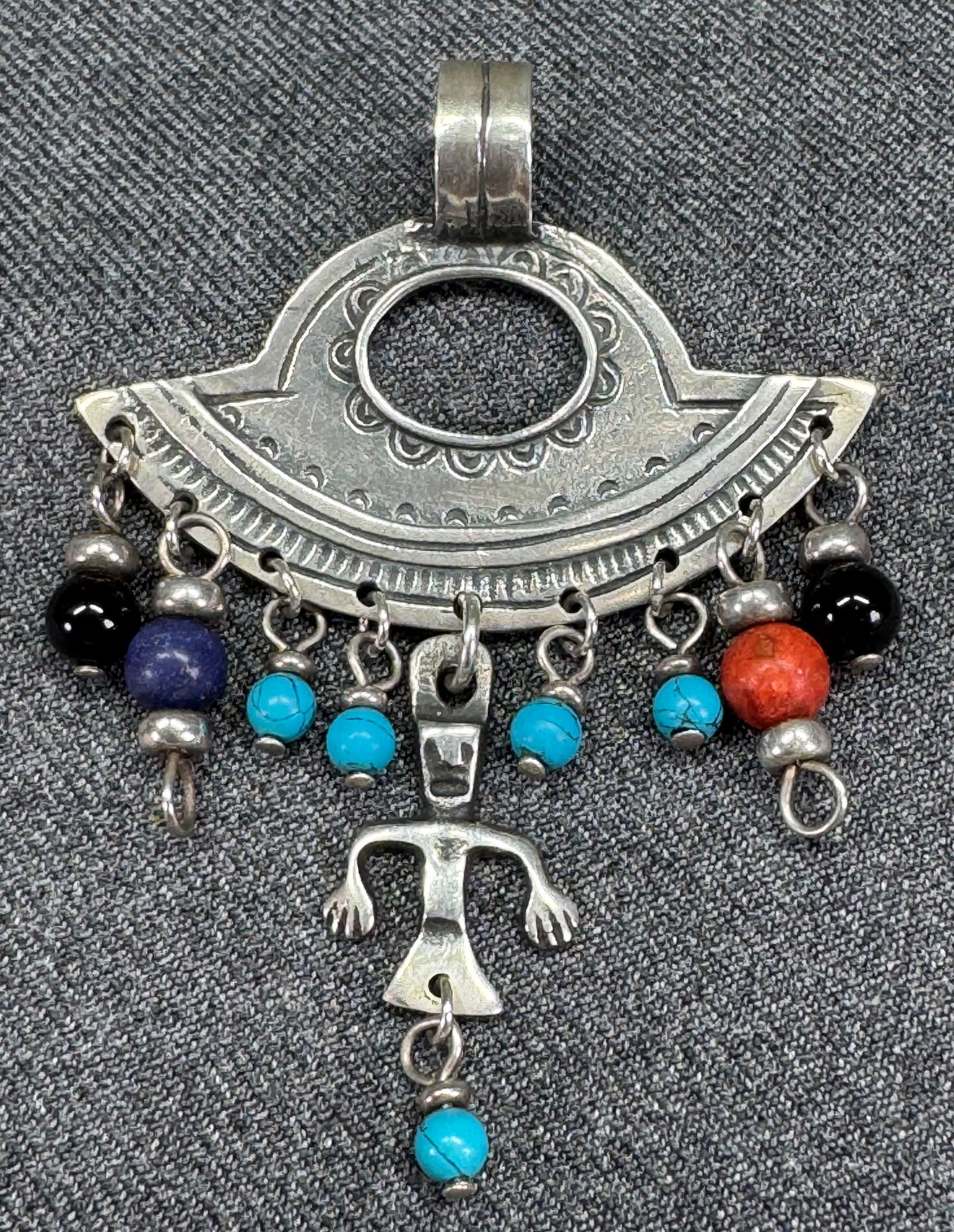 South American Mapuche Chile Pillan pendant. Sterling silver & assorted beads (1 of 8)