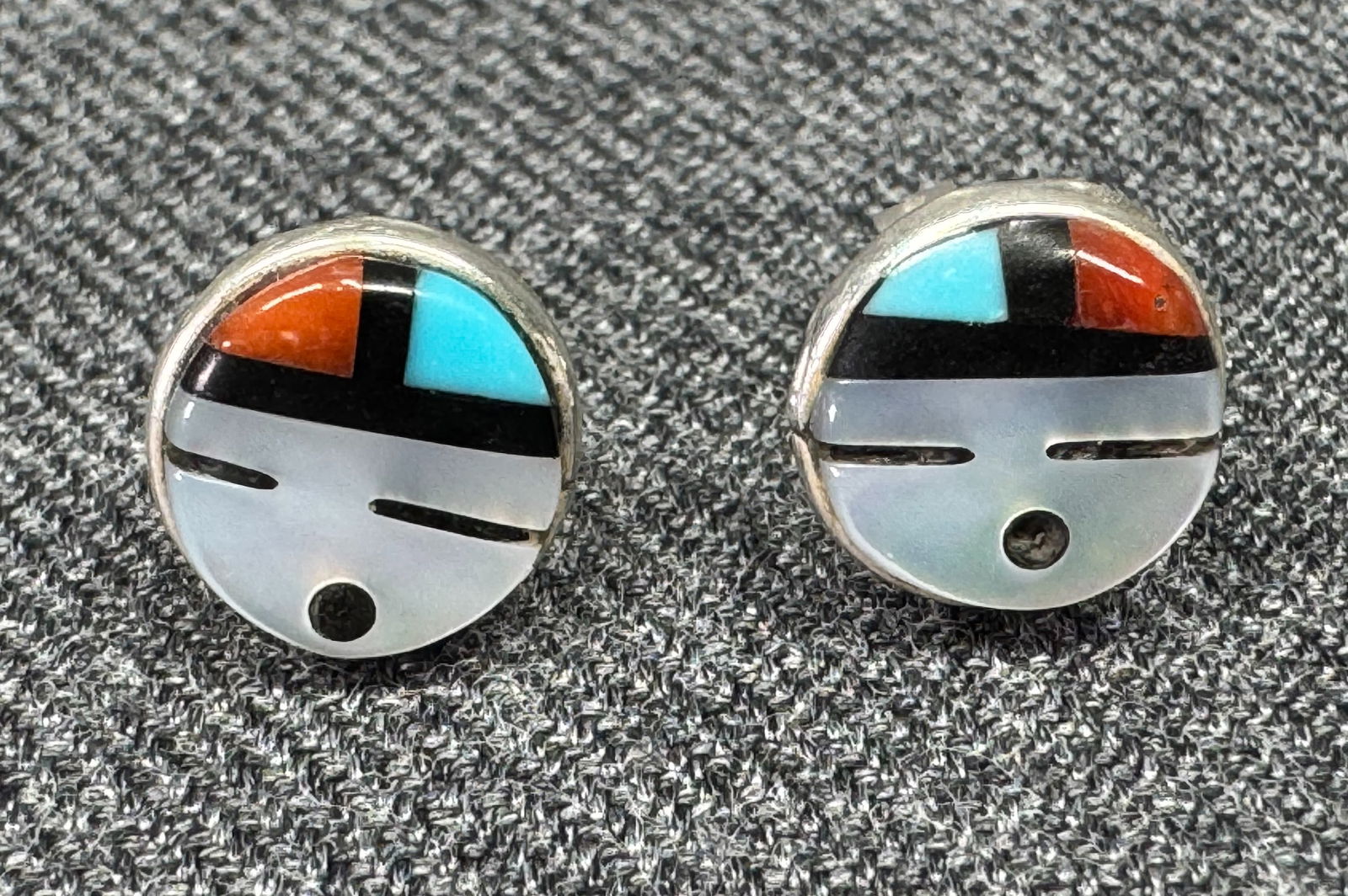 Vintage Zuni coral, turquoise & MOP sunface sterling silver stud earrings (1 of 6)