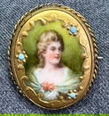 Antique Sevres? painted woman portrait porcelain brooch pin .