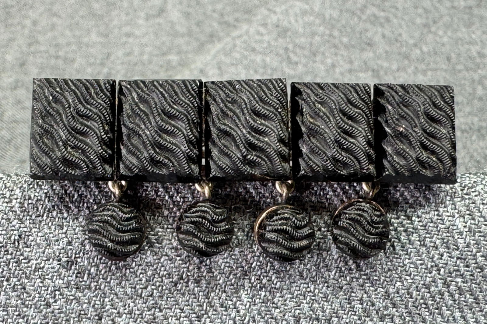 Victorian Mourning Black French Jet Beads Gold-filed Bar Brooch Pin with Dangles (1 of 7)
