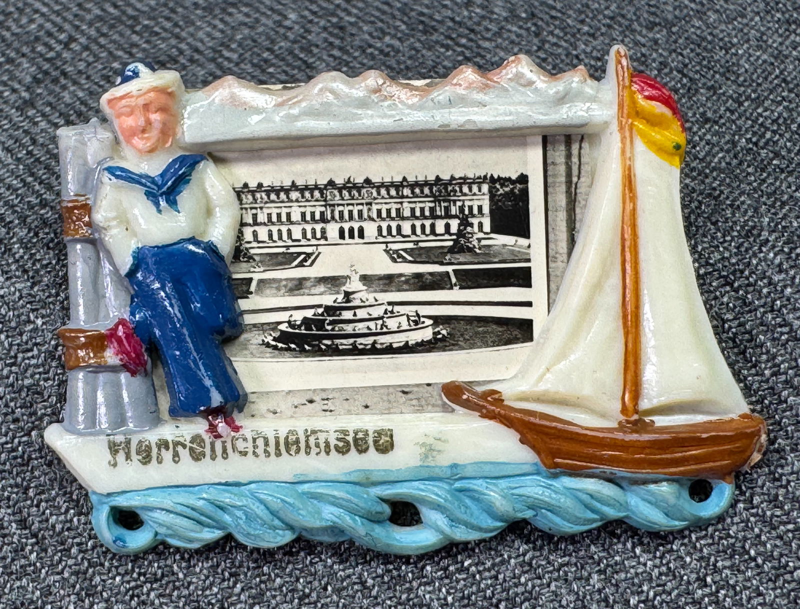 Vintage Herrenchiemsee Palace photo sailor vessel celluloid frame souvenir brooch pin (1 of 7)