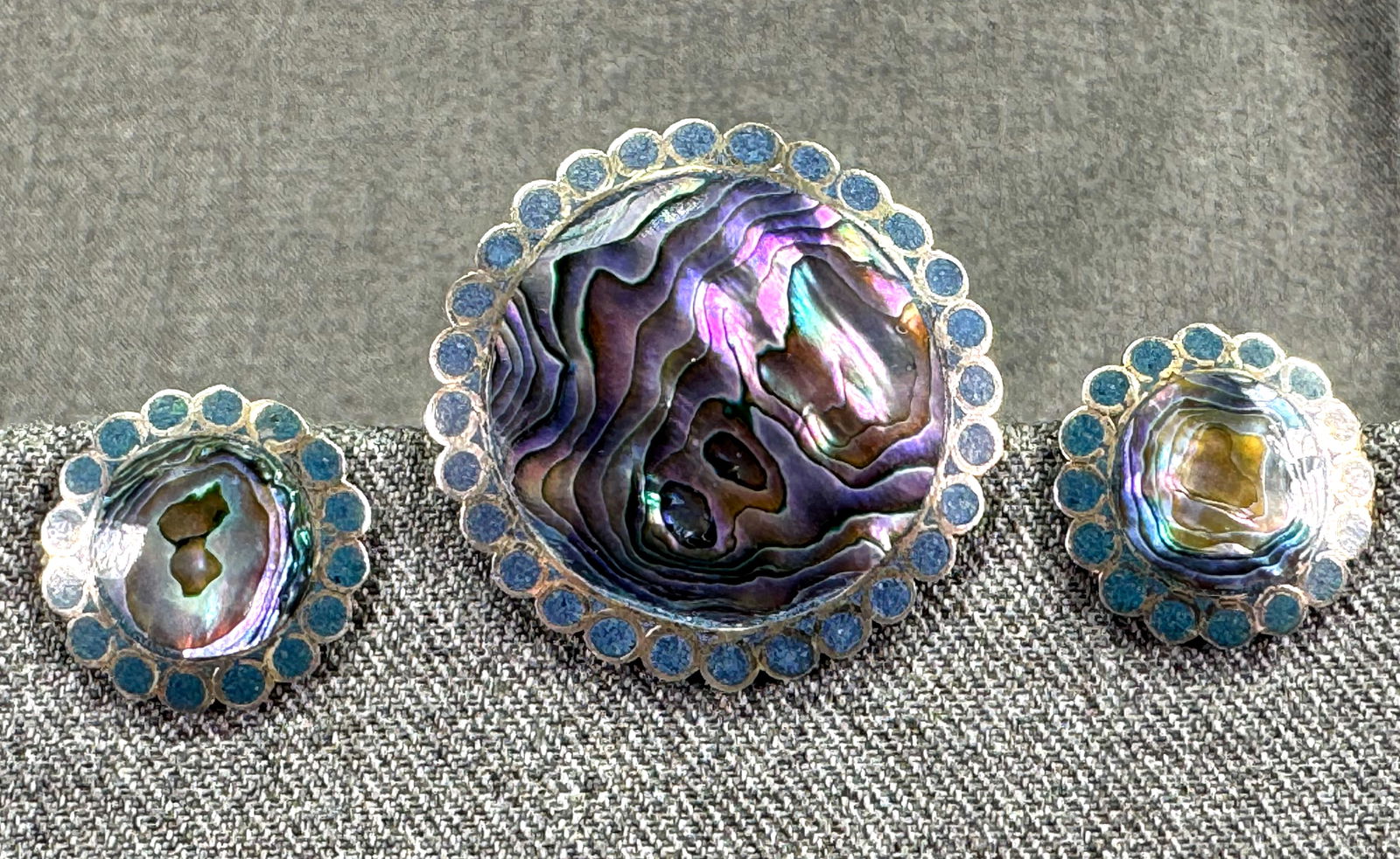 Vintage PO Taxco Mexico abalone chipped turquoise sterling silver brooch/pendant & earrings (1 of 11)