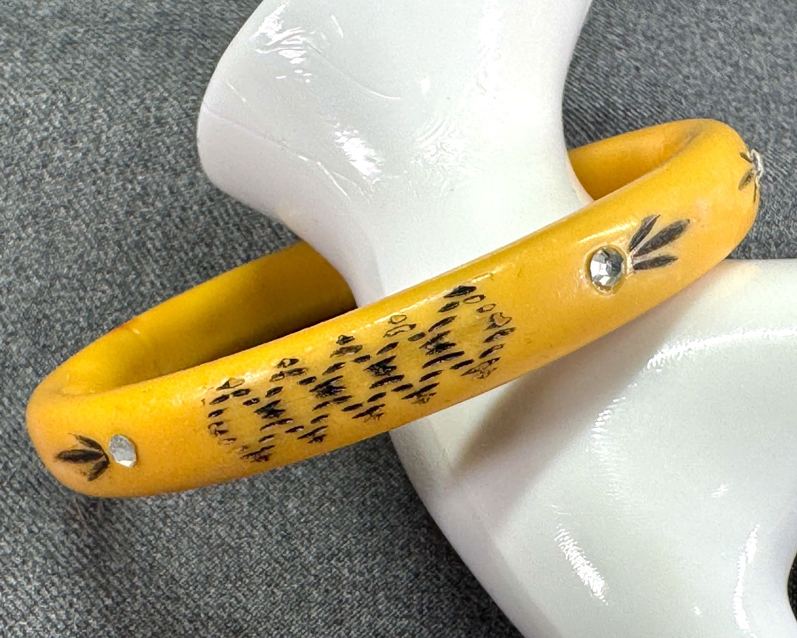 Antique art deco black enamel clear crystals celluloid bracelet bangle (1 of 6)