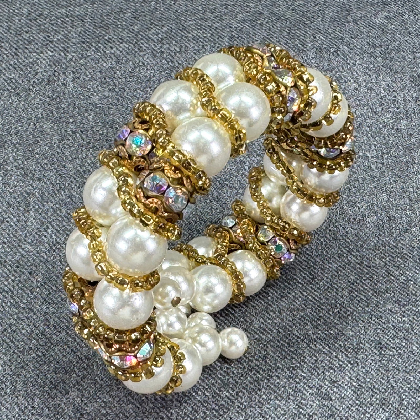 Vintage Haskell style crystals, pearly and glass beads wrap bracelet: Vintage Haskell style crystals, pearly and glass beads wrap bracelet. Unmarked. For measures please refer to the pictures taken with a measuring tape. Weight: 36 Grams IN HOUSE Estimated* SHIPPING & H