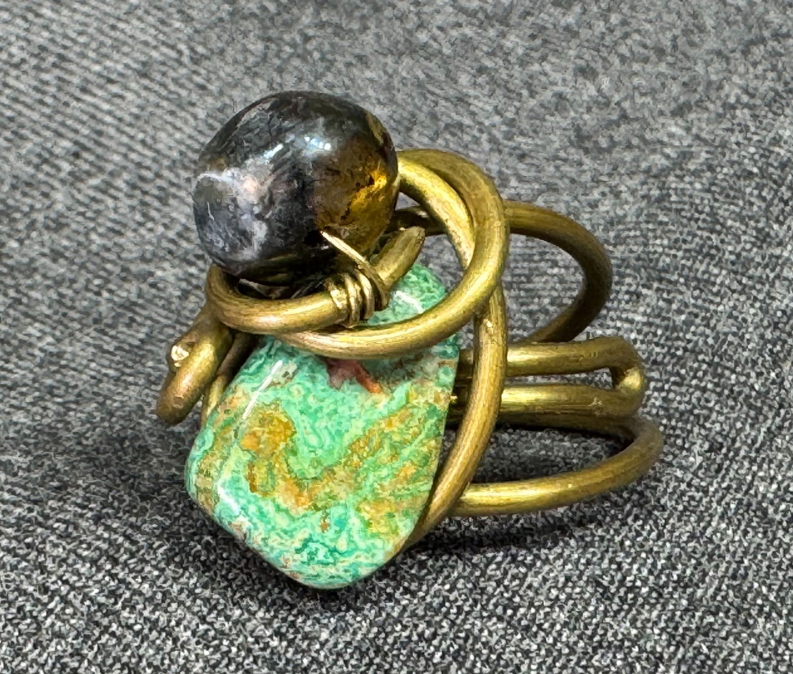 Vintage artsy turquoise & rutilated quartz wrap in bronze wire adjustable ring (1 of 8)