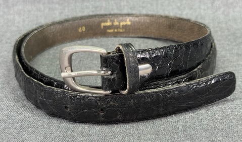 Vintage Paolo da Ponte Italy real crocodile black belt with silver-toned buckle