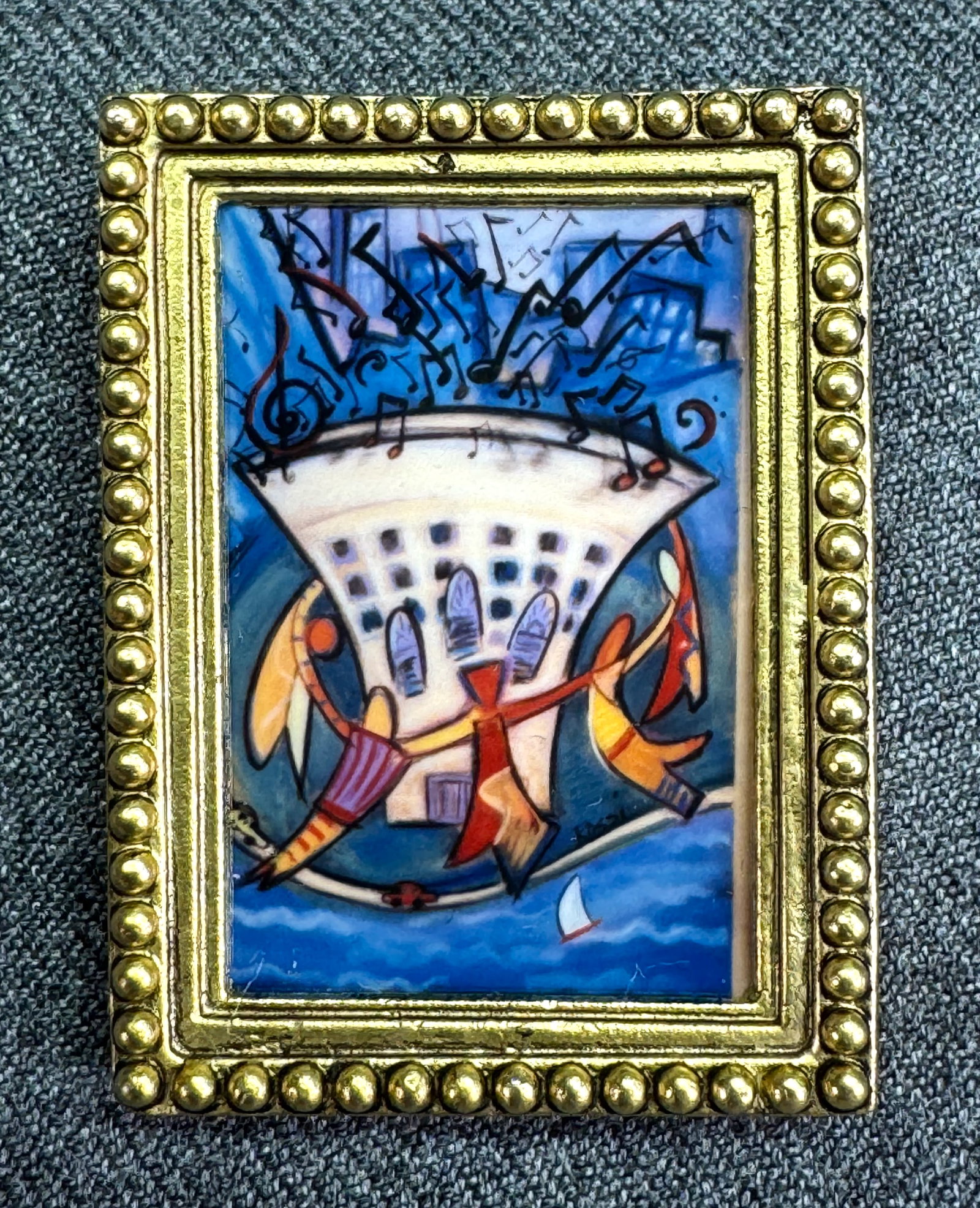 Vintage Pam Rossi Simphony Center framed repro painting brooch pin: Vintage Pam Rossi Simphony Center framed repro painting brooch pin. Marked. For measures please refer to the pictures taken with a measuring tape. Weight: 12Grams. IN HOUSE Estimated* SHIPPING & HANDL