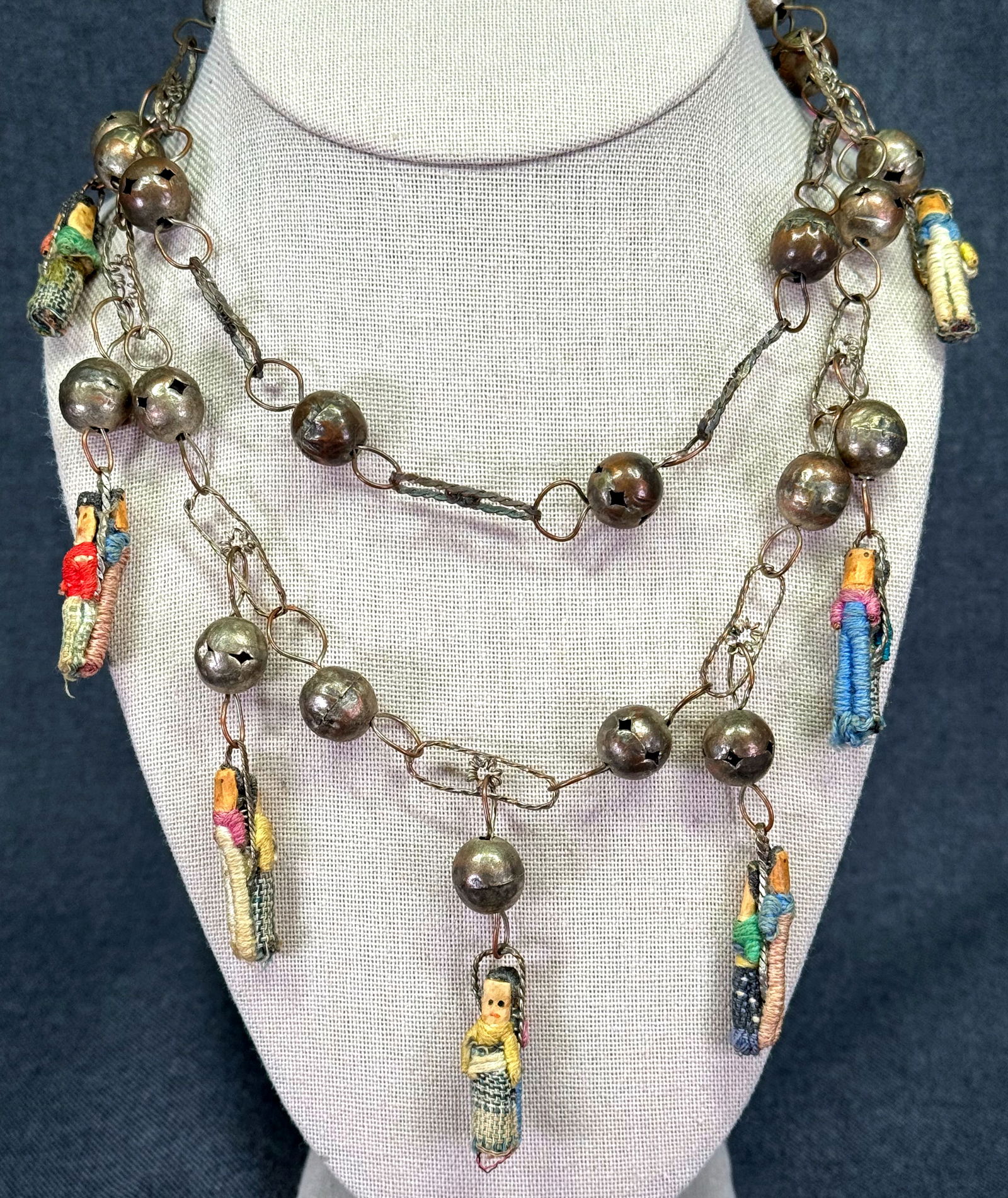Vintage Guatemala wedding necklace. Silvertoned metal with tied couple doll dangles (1 of 8)