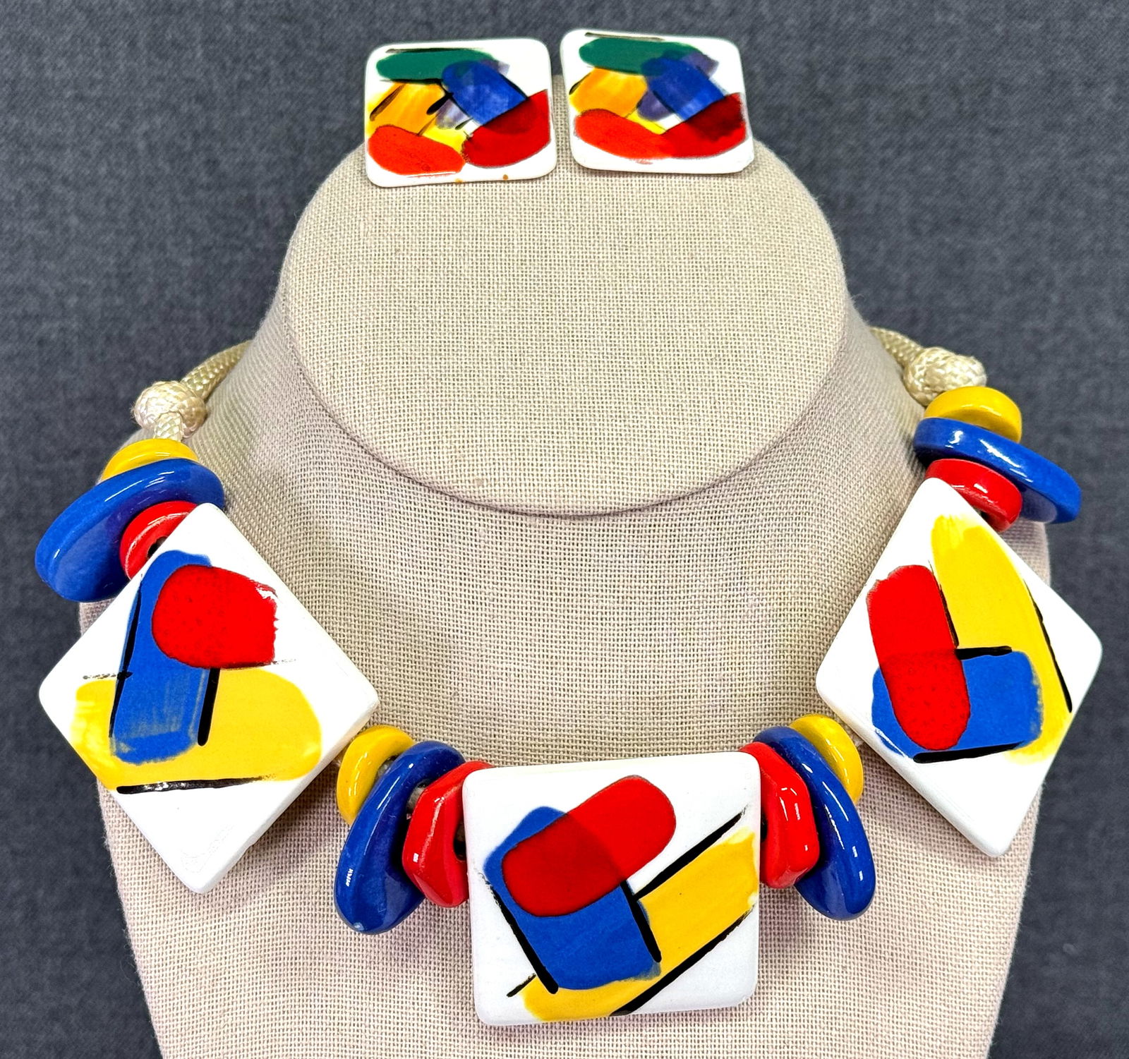 Vintage Miro inspired hand painted pottery necklace with cord & stud earrings (1 of 8)