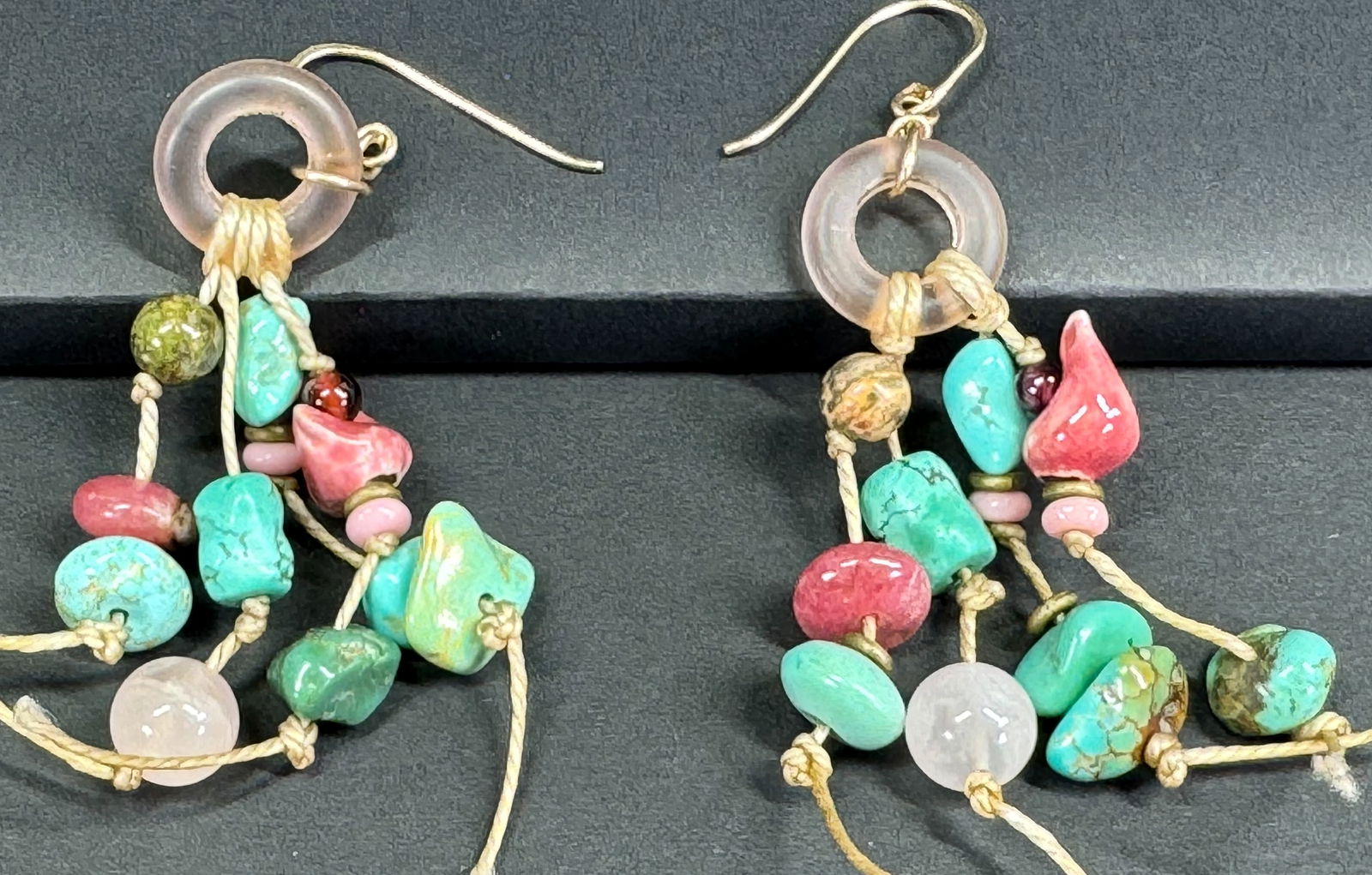 Southwestern Style pottery bird fetish, turquoise nugget & glass beads hook earrings. Kara Foreman ? (1 of 9)