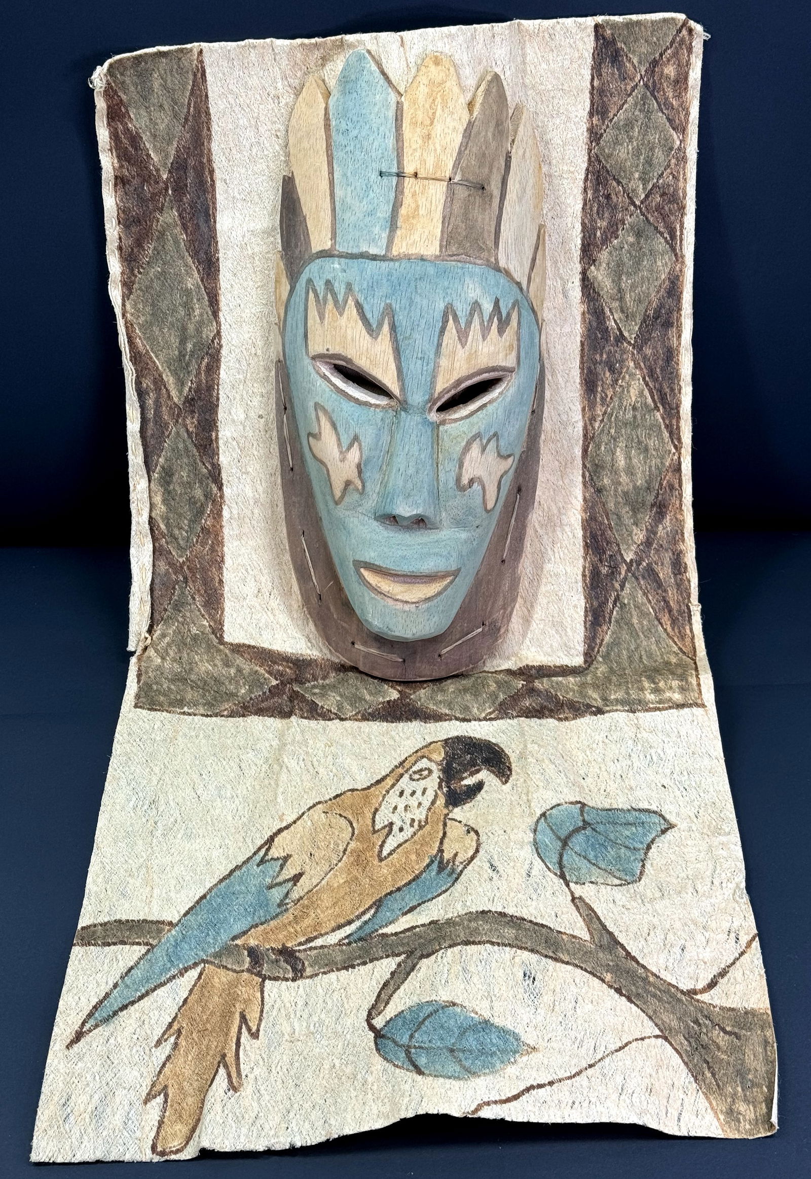 Amazonian Ticuna Ceremonial Mask. Carved wood, painted bark, fiber.: Amazonian Ticuna Ceremonial Mask. Carved wood, painted bark, fiber. It measures 20 inches long and 12 inches widest. Comparable examples in the Jair Jacqmont collection, Museu Amazonico, Universidade