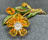 Antique clear crystals, amber plastic, enamel pot metal flower brooch pin