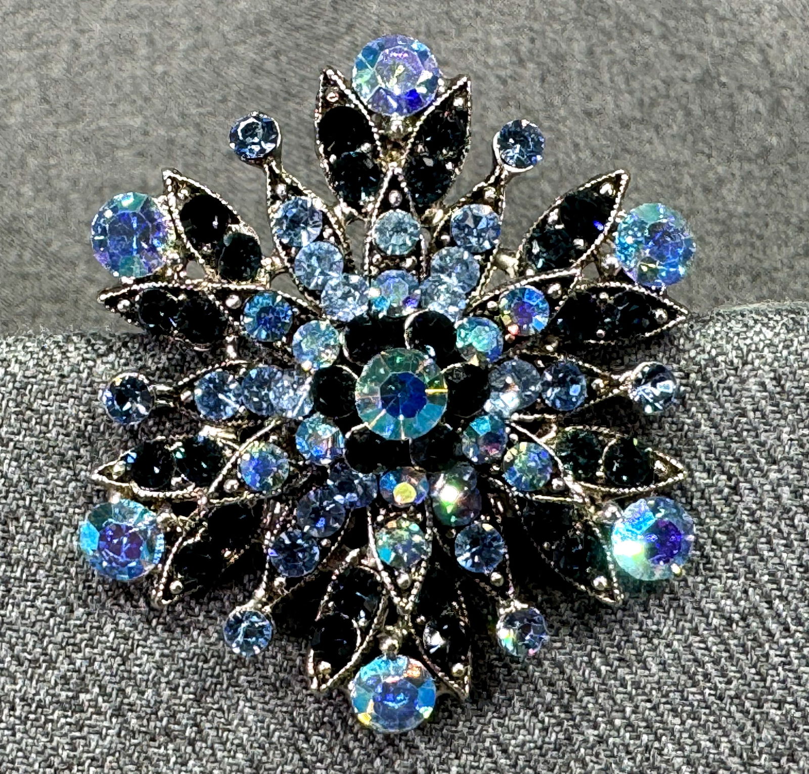 Vintage bluish Ab crystals silver-toned flower brooch pin pendant (1 of 5)