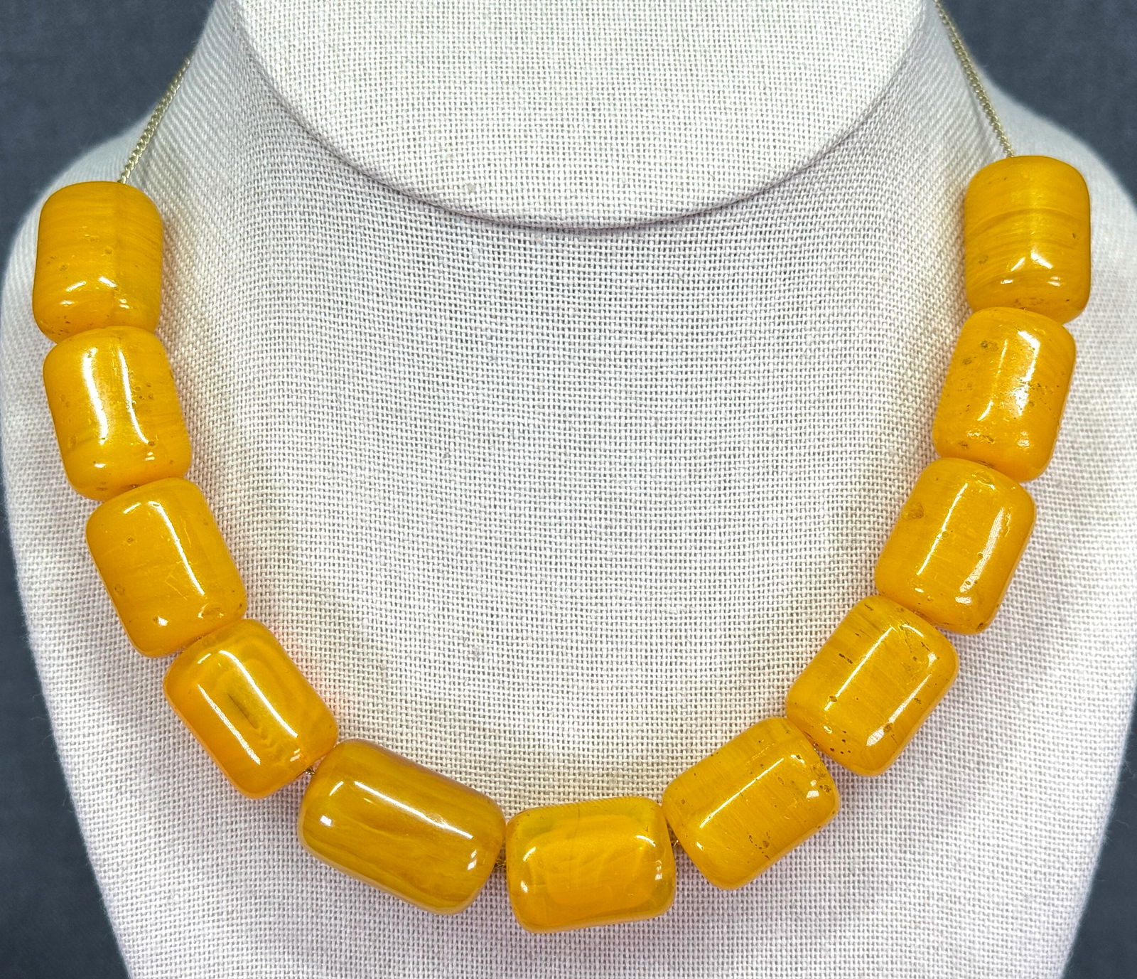 Vintage egg yolk glass beads gold-toned chain string necklace (1 of 6)