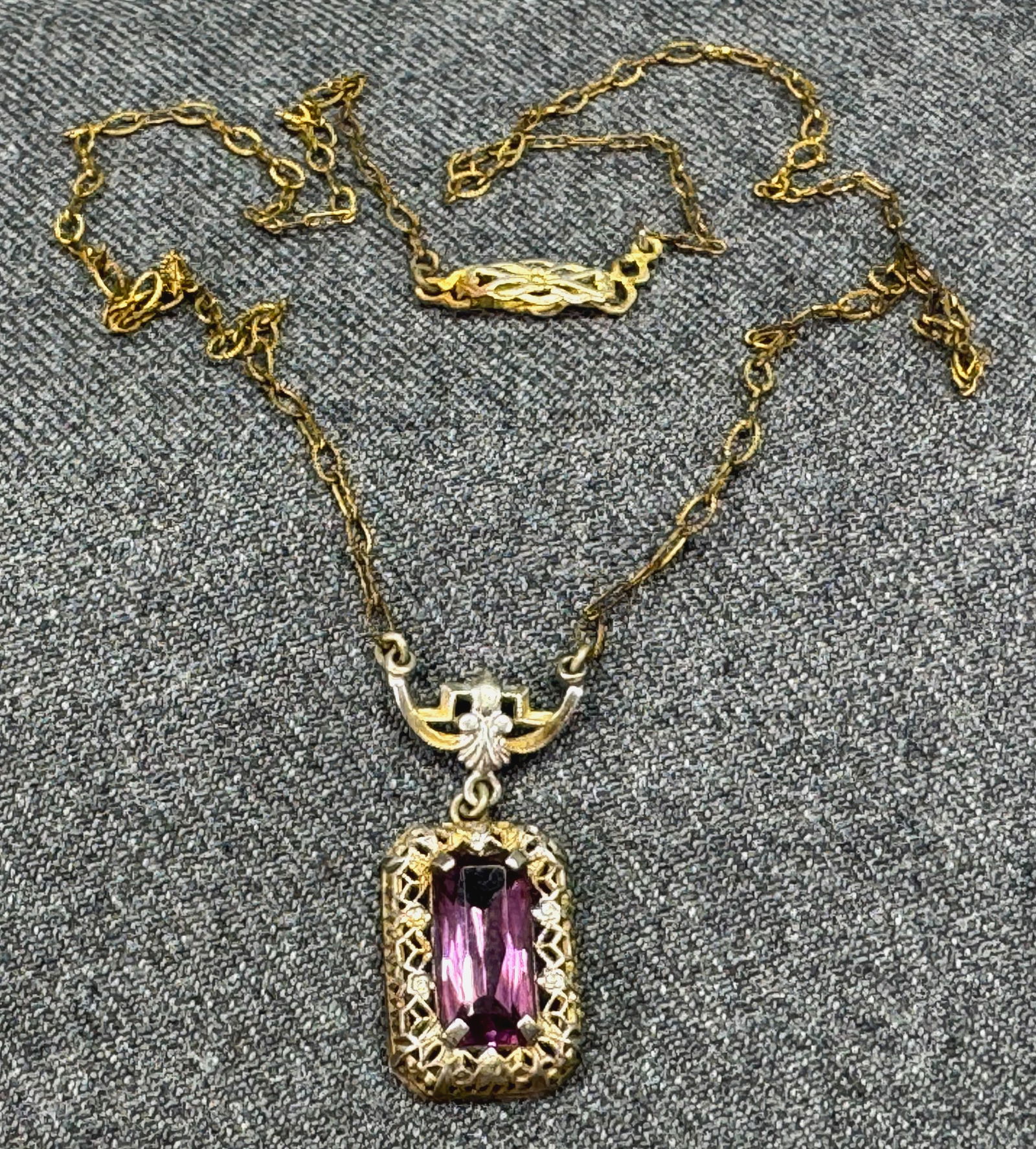 Antique art deco amethyst filigree gilt sterling lavalier necklace: IN HOUSE FLAT SHIPPING & HANDLING COST WITHIN ALL THE U.S. : $7 To bypass LiveShipping, and use our In-House shipping service for $7 or shipping combined for multiple lots, please select “Arrange Yo