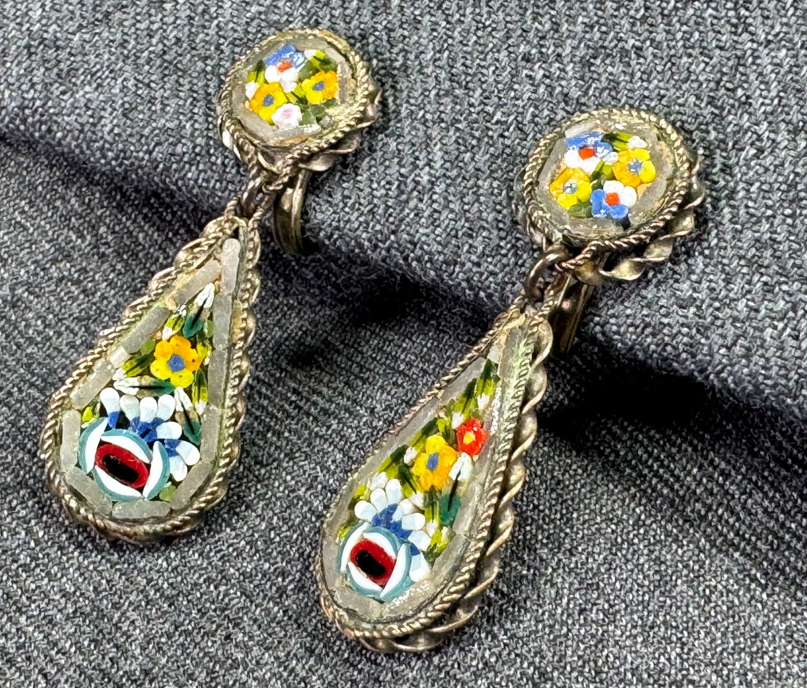 Antique Italian micro mosaic flowers goldtoned teardrop screw earrings: IN HOUSE FLAT SHIPPING & HANDLING COST WITHIN ALL THE U.S. : $7 To bypass LiveShipping, and use our In-House shipping service for $7 or shipping combined for multiple lots, please select “Arrange Yo