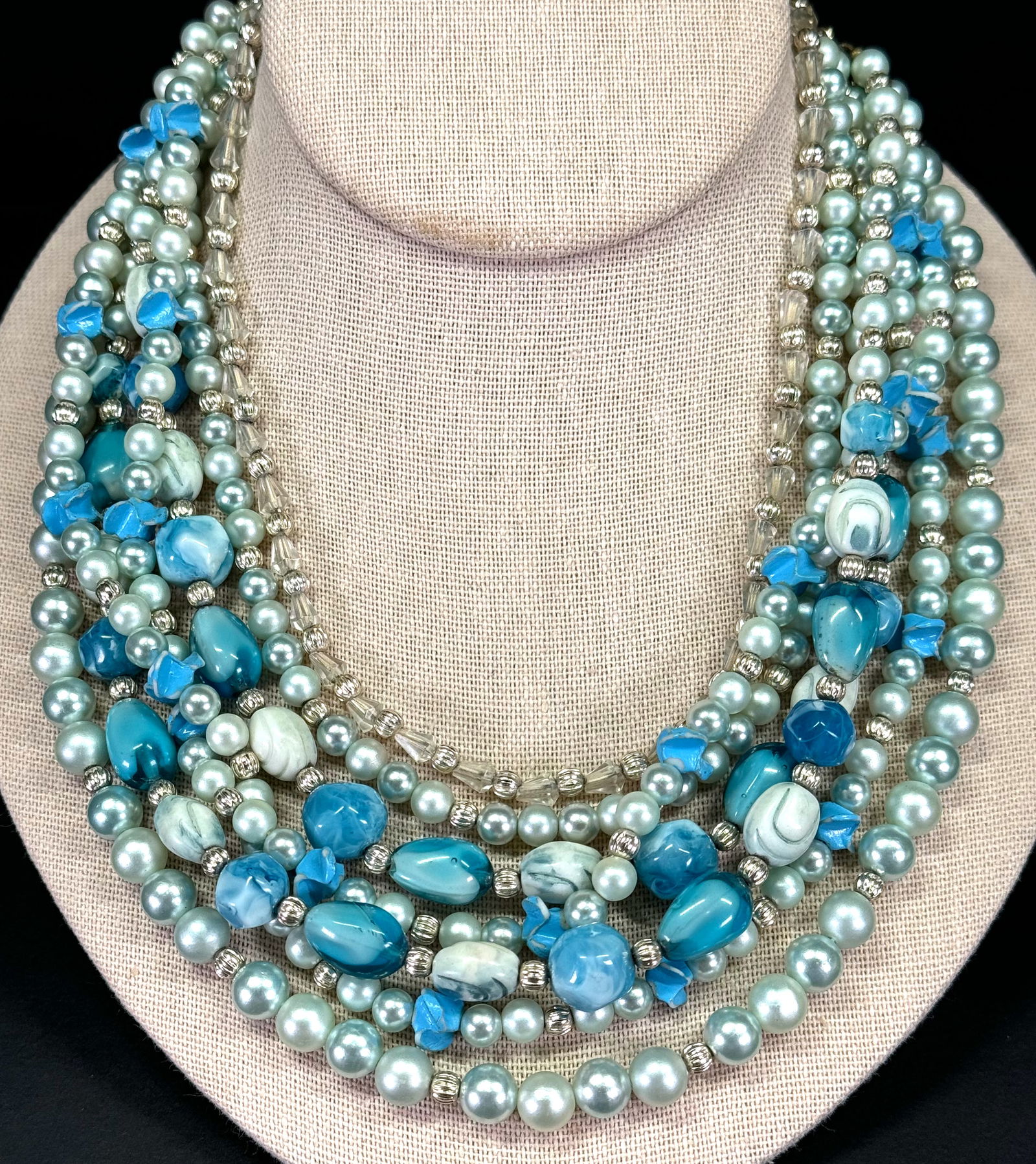 Vintage Japanese pearly & plastic beaded multi strand bib collar necklace. (1 of 8)