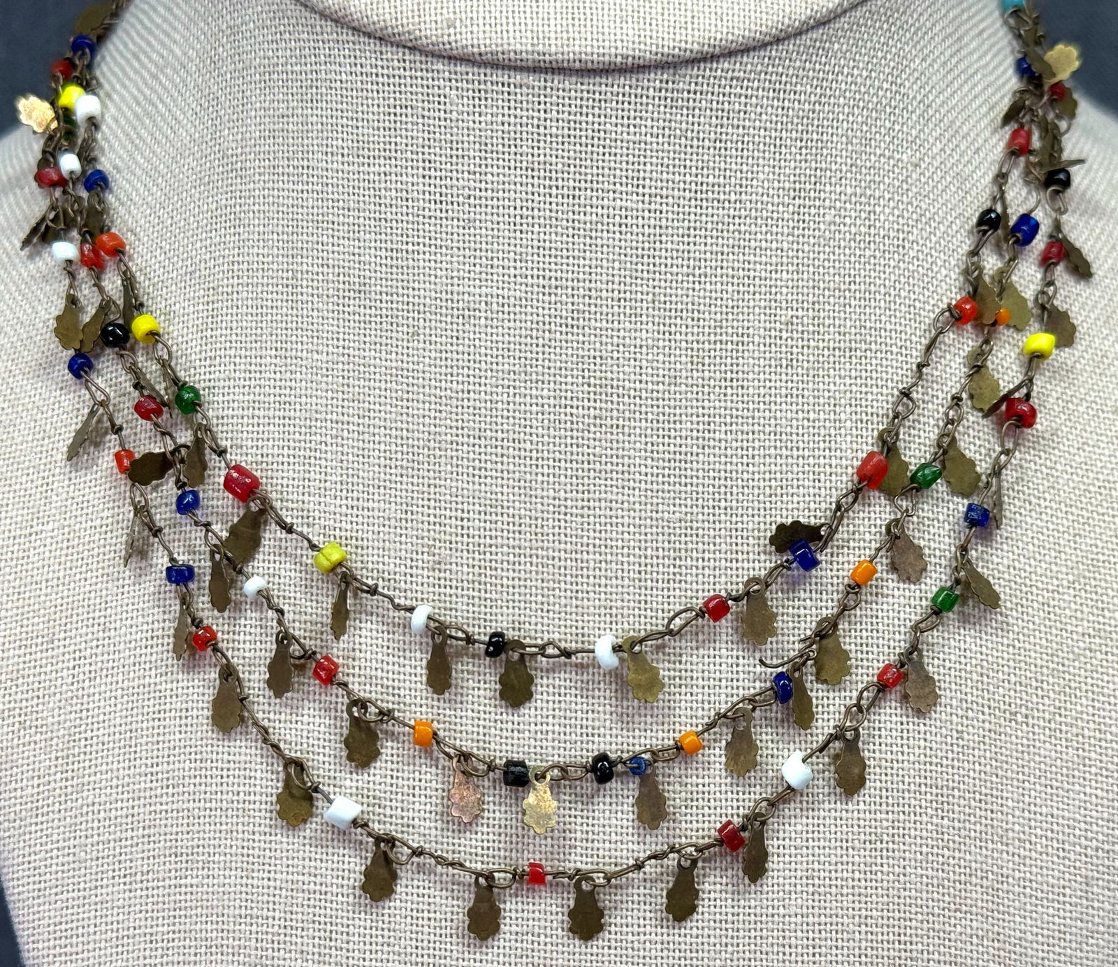 Vintage boho flapper style color glass wired beads bronze dangles necklace (1 of 5)