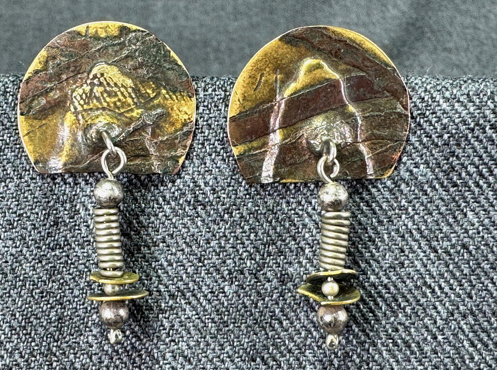 Vintage artsy brutalist multi metal with spring dangle stud earrings: IN HOUSE FLAT SHIPPING & HANDLING COST WITHIN ALL THE U.S. : $7 To bypass LiveShipping, and use our In-House shipping service for $7 or shipping combined for multiple lots, please select “Arrange Yo