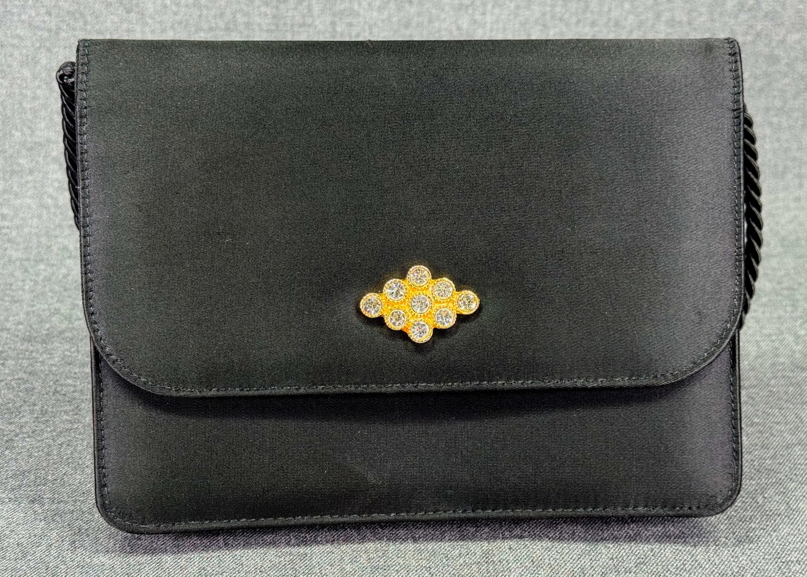 Vintage Saks Fifth Avenue clear crystals golden applique black silk purse bag: IN HOUSE FLAT SHIPPING & HANDLING COST WITHIN ALL THE U.S. : $10 To bypass LiveShipping, and use our In-House shipping service for $10 or shipping combined for multiple lots, please select “Arrange 