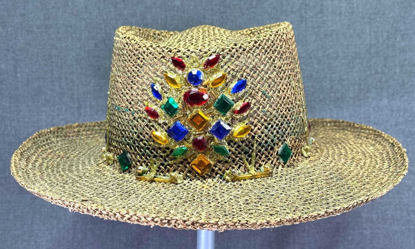 Vintage artsy jeweled and painted goldtoned hat sombrero: IN HOUSE FLAT SHIPPING & HANDLING COST WITHIN ALL THE U.S. : $12 To bypass LiveShipping, and use our In-House shipping service for $12 or shipping combined for multiple lots, please select “Arrange