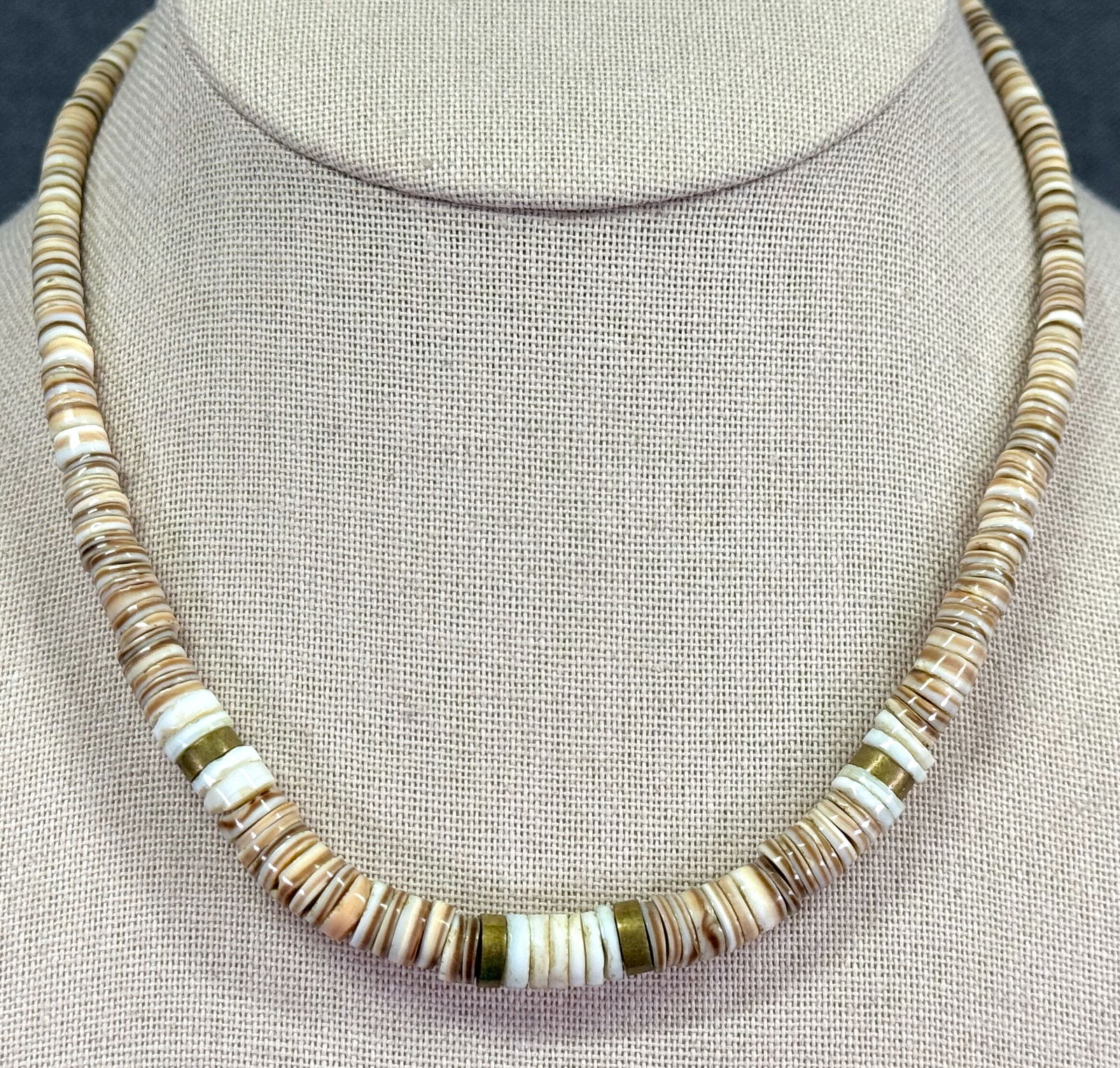 Vintage Graduated Heishi Shell & Bronze Beaded Choker Necklace: IN HOUSE FLAT SHIPPING & HANDLING COST WITHIN ALL THE U.S. : $7 To bypass LiveShipping, and use our In-House shipping service for $7 or shipping combined for multiple lots, please select “Arrange Yo
