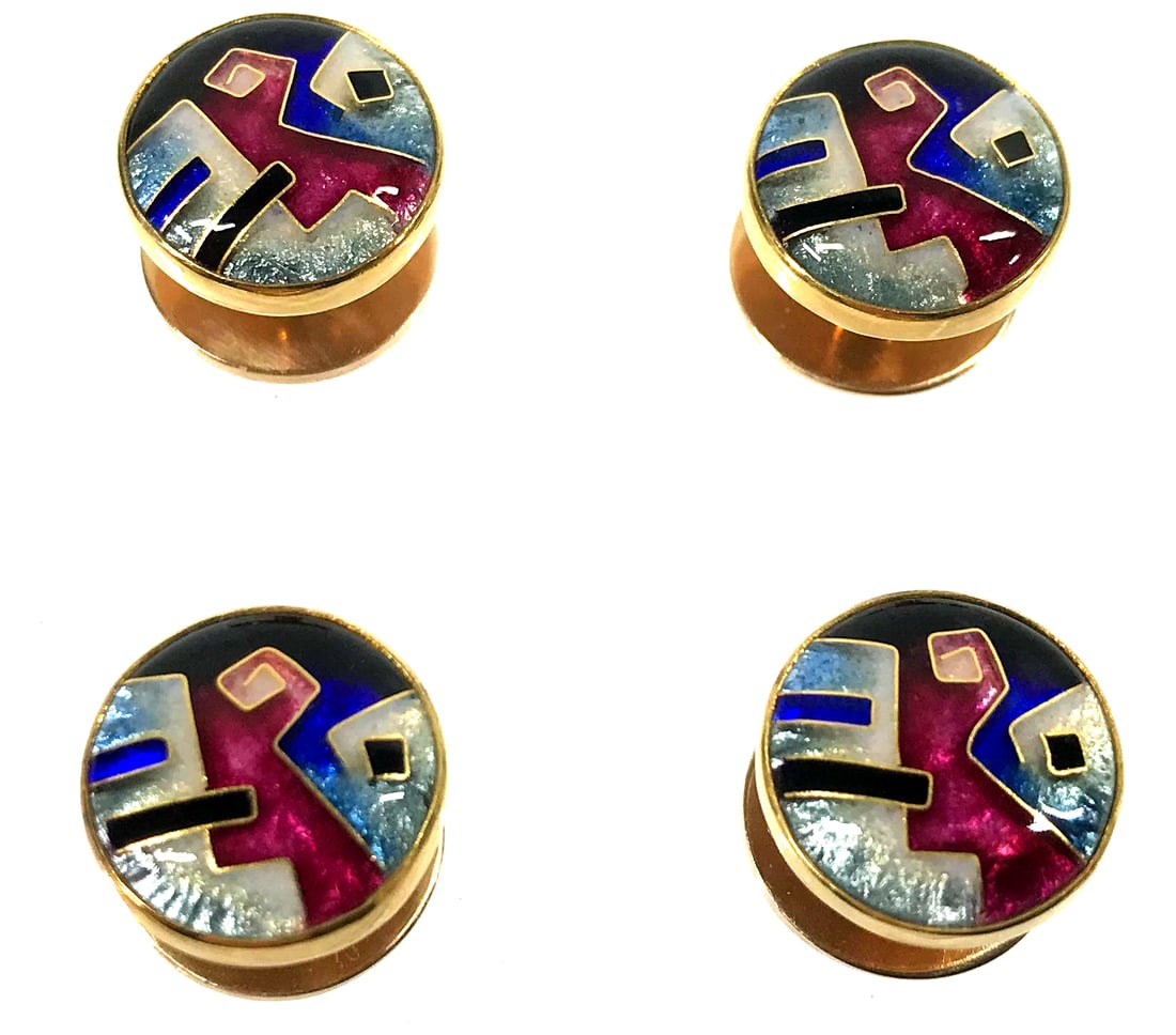 Celiane & Ronald Dunetz enamel solid yellow gold tuxedo studs. Lot of 4. 15.02 Grams. Marked (1 of 12)