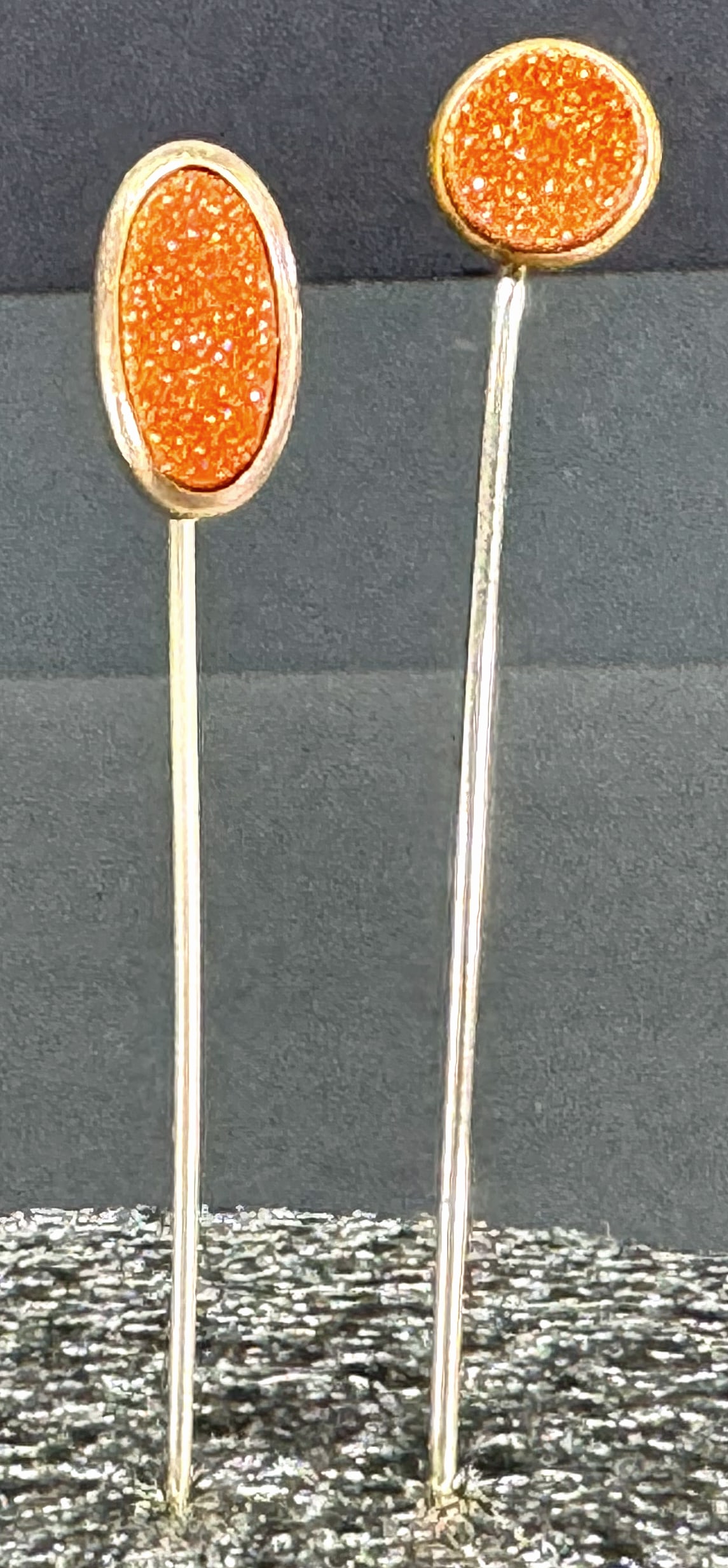 Vintage oval and rounded goldstone gold-filled stick pins.: IN HOUSE FLAT SHIPPING & HANDLING COST WITHIN ALL THE U.S. : $7 To bypass LiveShipping, and use our In-House shipping service for $7 or shipping combined for multiple lots, please select “Arrange Yo