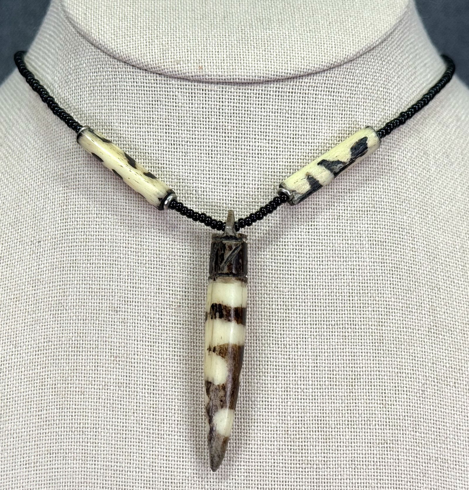 Vintage tribal style batik bone, bronze & glass beads necklace: IN HOUSE FLAT SHIPPING & HANDLING COST WITHIN ALL THE U.S. : $7 To bypass LiveShipping, and use our In-House shipping service for $7 or shipping combined for multiple lots, please select “Arrange Yo