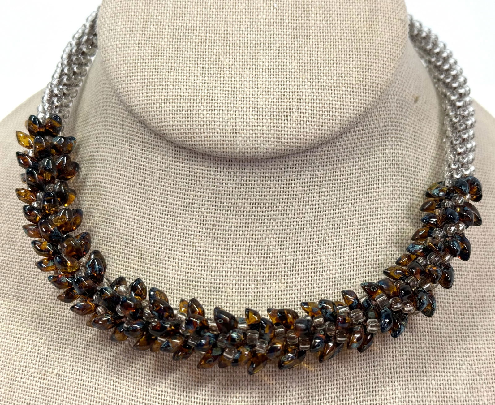 Vintage artsy spotted brown & clear glass woven beadwork collar necklace. (1 of 7)