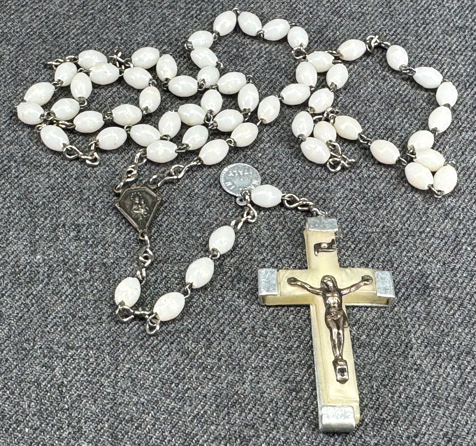 Vintage Italian milky plastic, silvertoned metal rosary. Made in Italy metal label: IN HOUSE FLAT SHIPPING & HANDLING COST WITHIN ALL THE U.S. : $7 To bypass LiveShipping, and use our In-House shipping service for $7 or shipping combined for multiple lots, please select “Arrange Yo