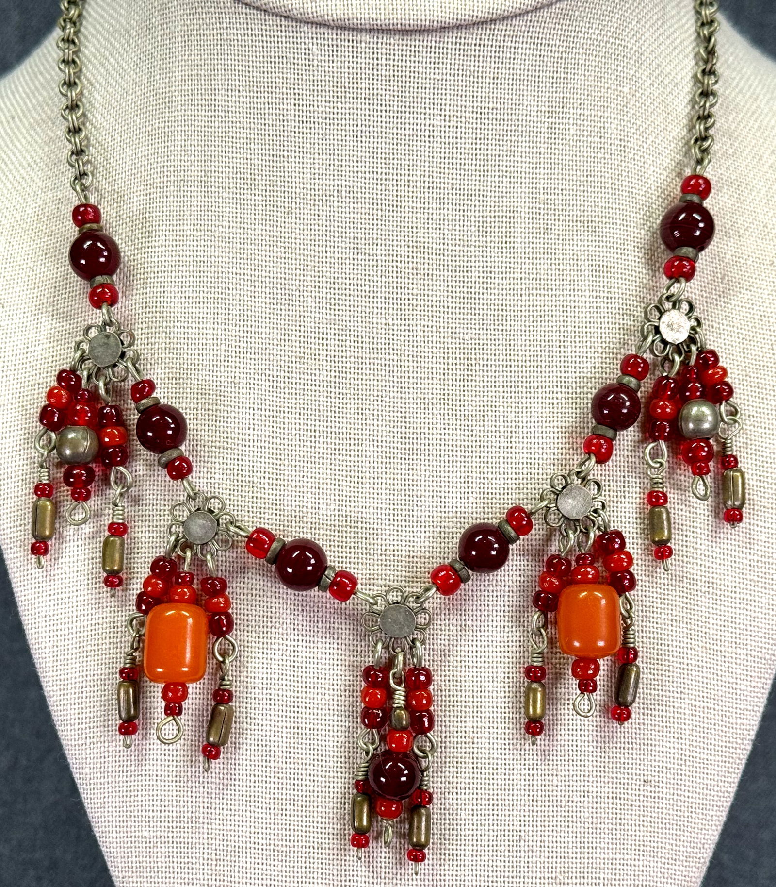 Vintage ethnic style boho amber color resin & glass beads dangles silver necklace (1 of 5)