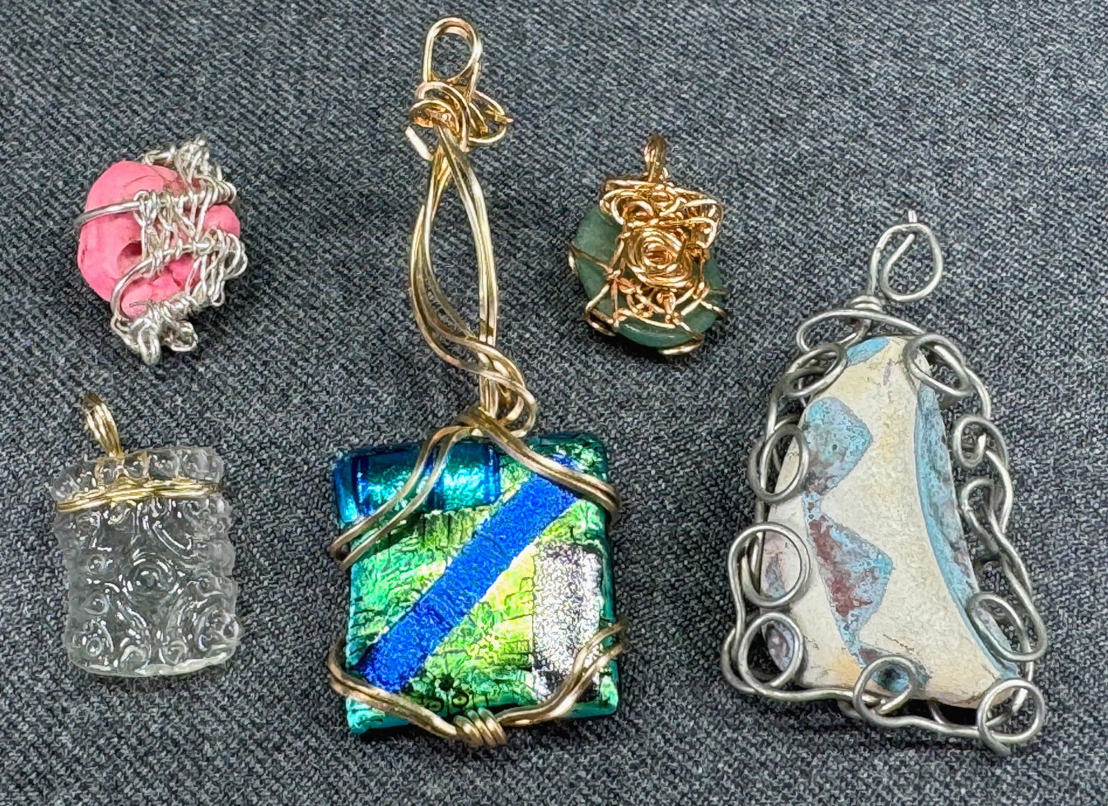 Vintage artisan crafted assorted dichroic glass, stones, plastic wrapped in wire pendants. Lot of 5. (1 of 8)