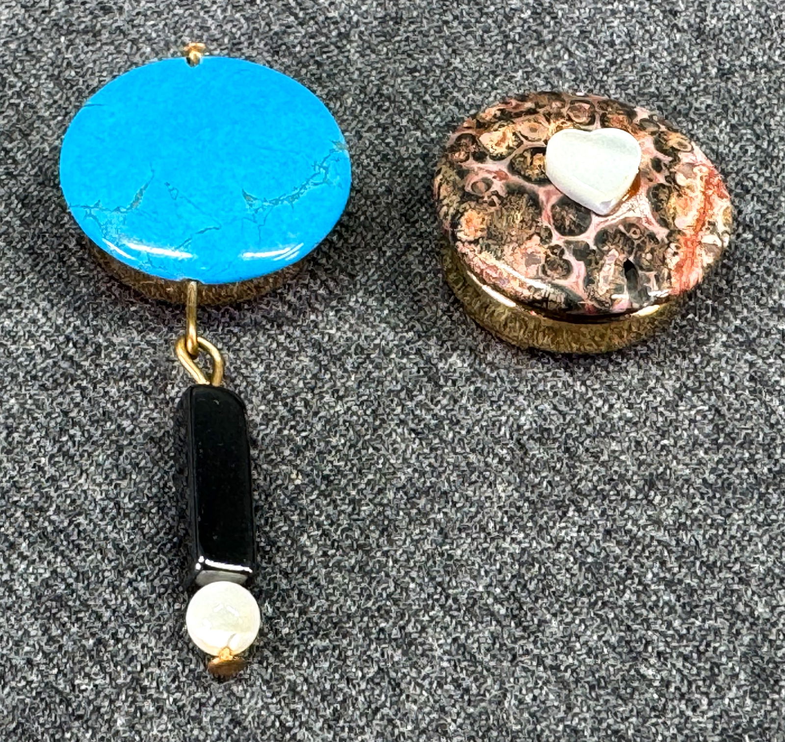 Vintage artisan crafted turquoise stone with dangle & jasper mop heart button covers (1 of 4)