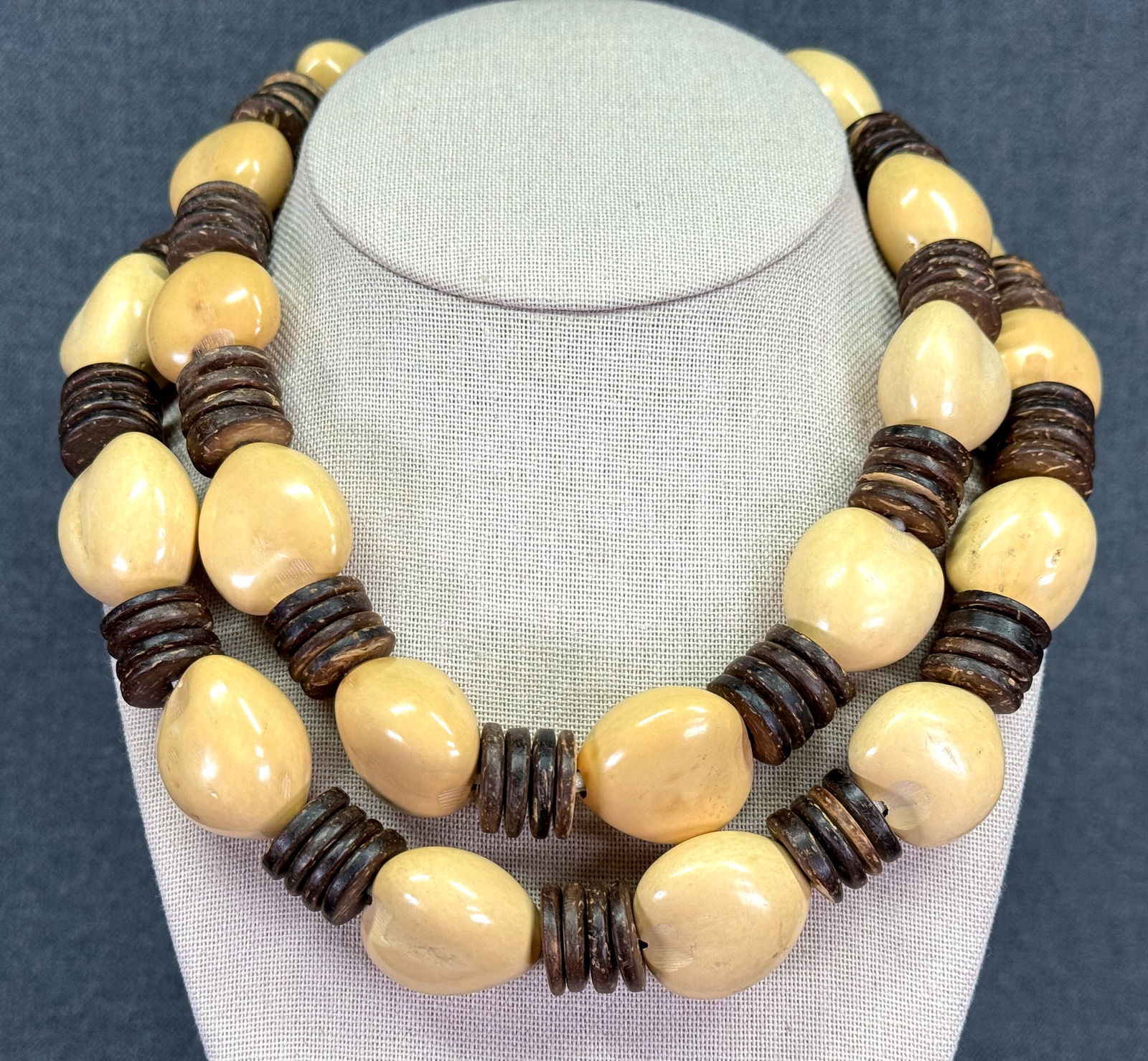 Seeds and coconut shell discs beaded necklace. Ribbon bow: IN HOUSE FLAT SHIPPING & HANDLING COST WITHIN ALL THE U.S. : $8 To bypass LiveShipping, and use our In-House shipping service for $8 or shipping combined for multiple lots, please select “Arrange Yo