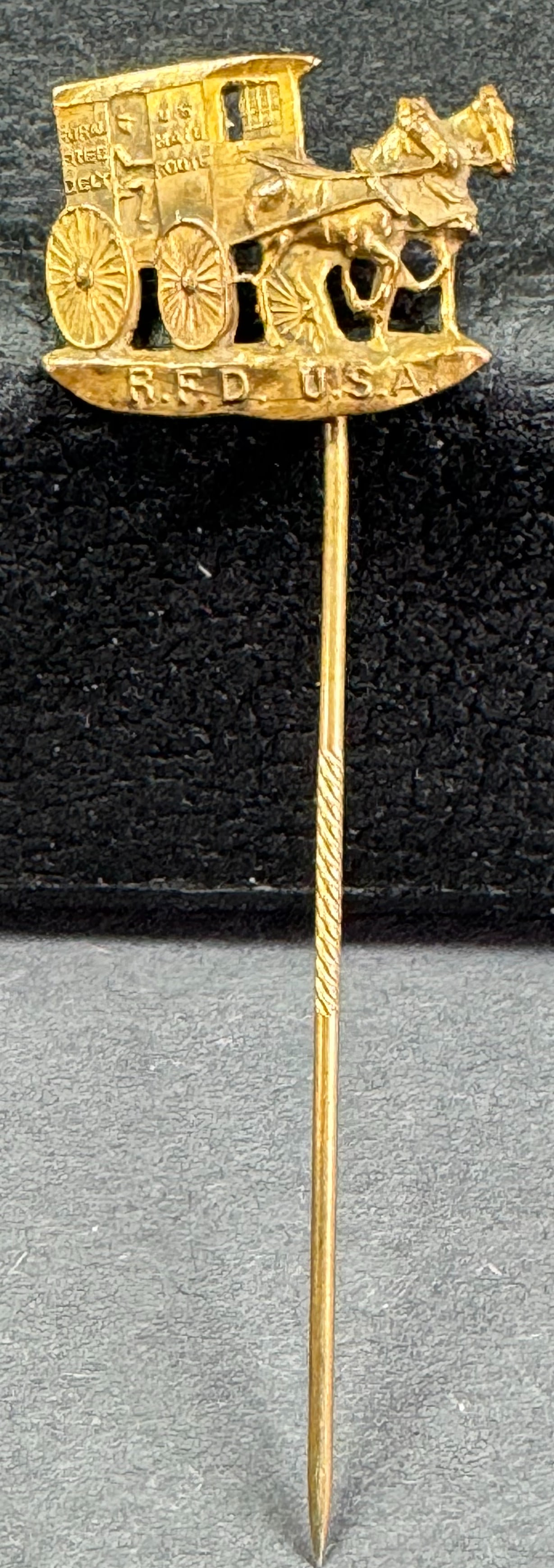 Antique U.S. Mail Rural Free Delivery goldtone metal horse drawn wagon stick pin. (1 of 5)